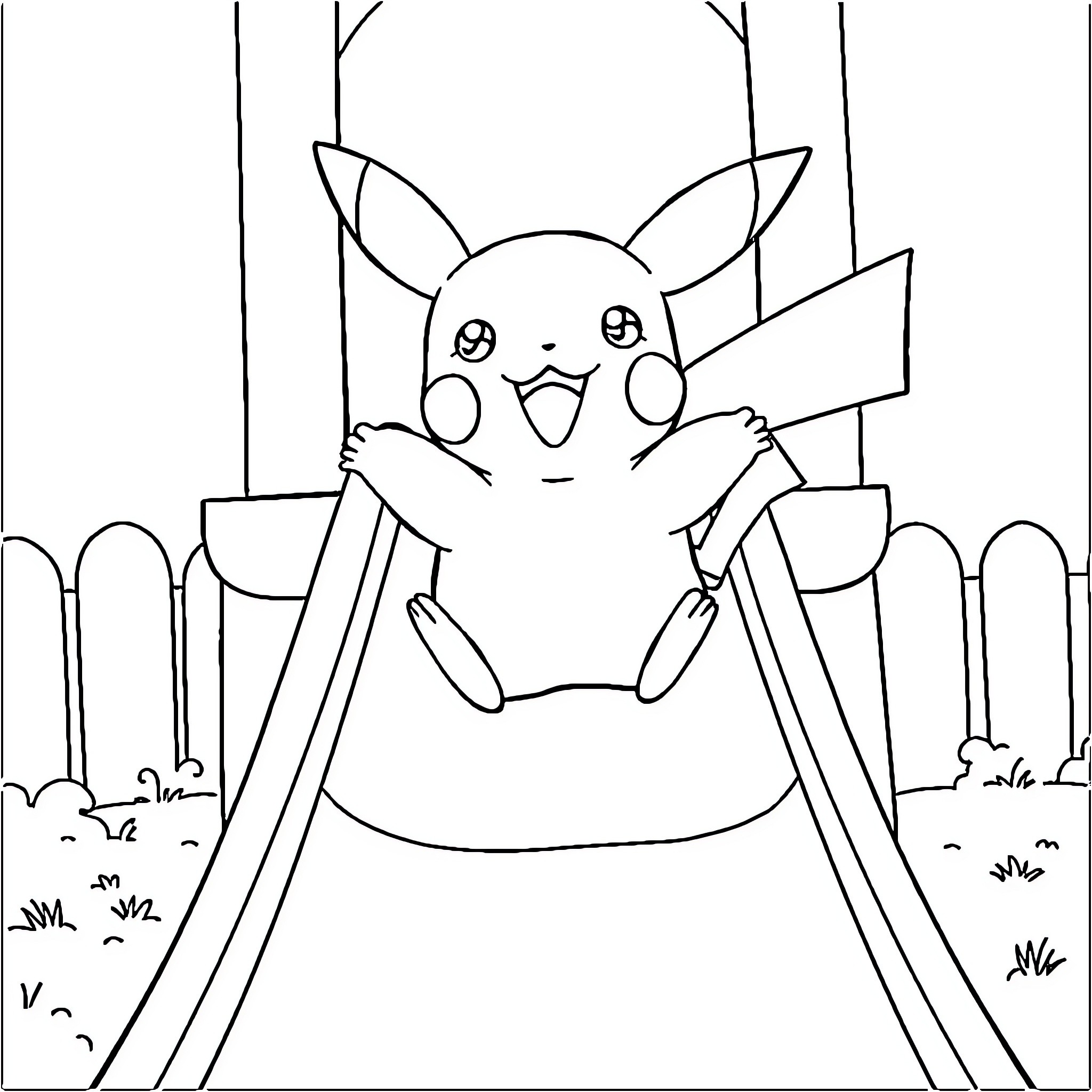 Pikachu waving and cheerful in outdoor scene Coloring Page (free black-and-white line drawing printable PDF for all, from beginners to advanced learners, including children, teens, adults, and seniors)