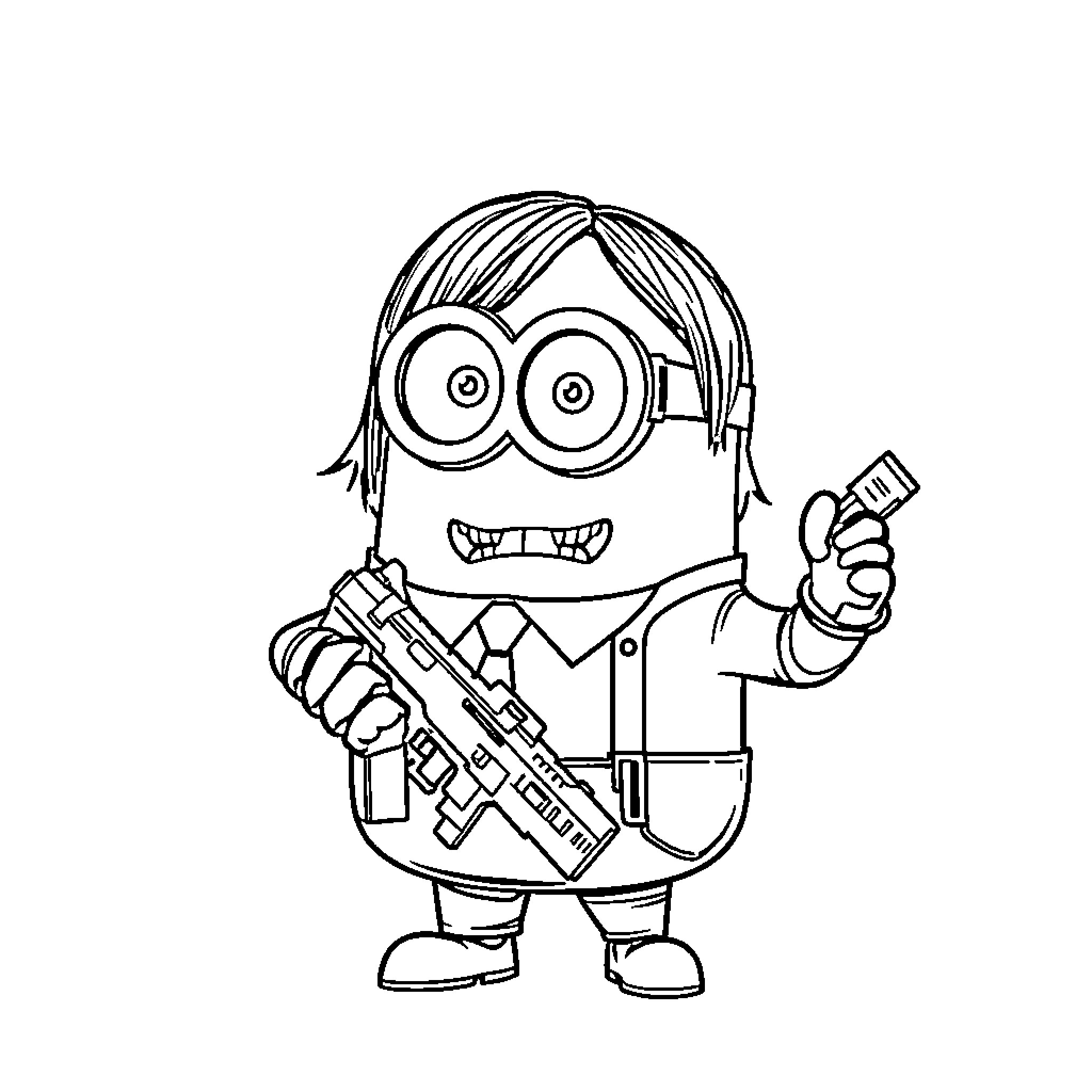 Minion wearing spy gear with weapon Coloring Page (free black-and-white line drawing printable PDF for all, from beginners to advanced learners, including children, teens, adults, and seniors)