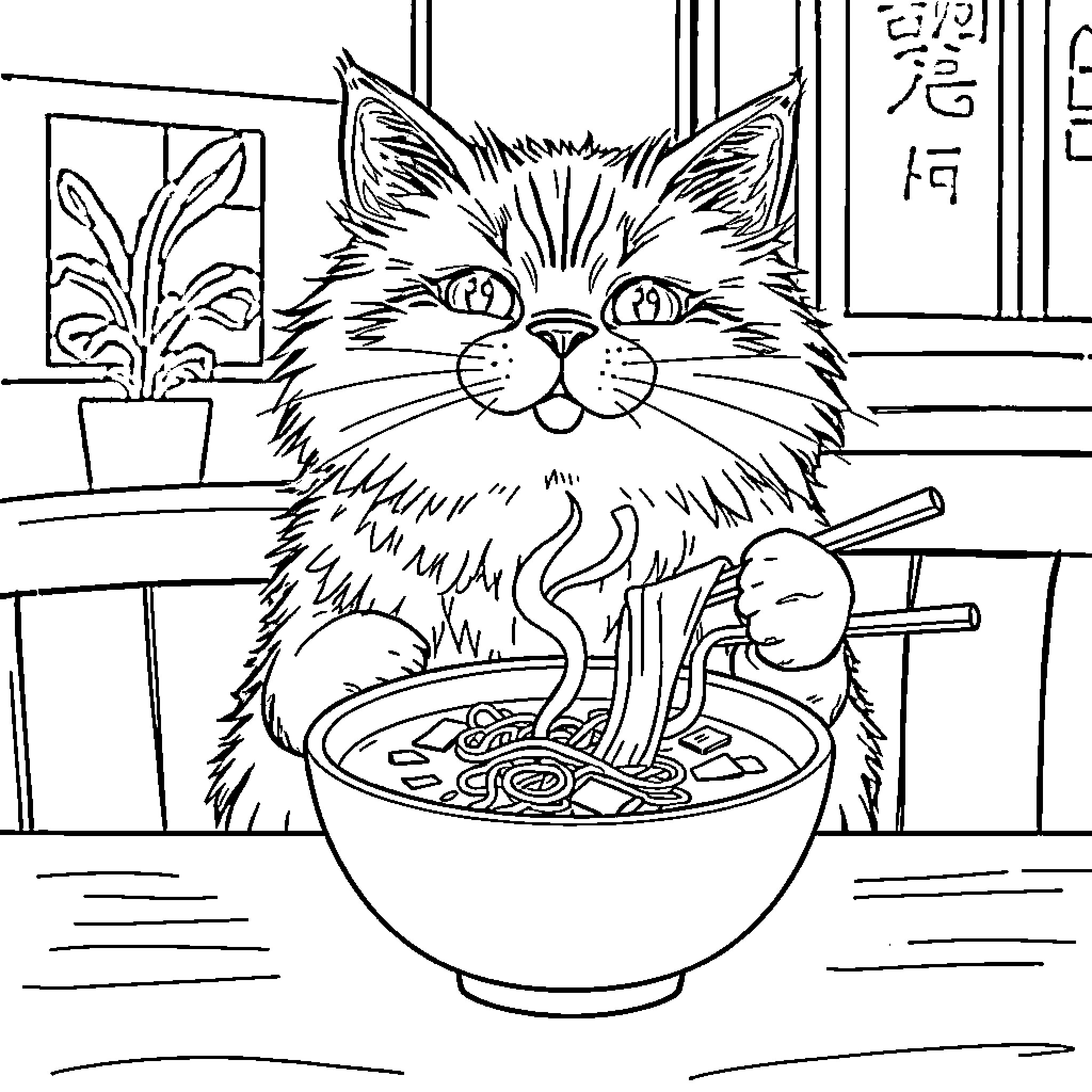 Cat Enjoying a Hot Bowl of Noodles Coloring Page (free black-and-white line drawing printable PDF for all, from beginners to advanced learners, including children, teens, adults, and seniors)