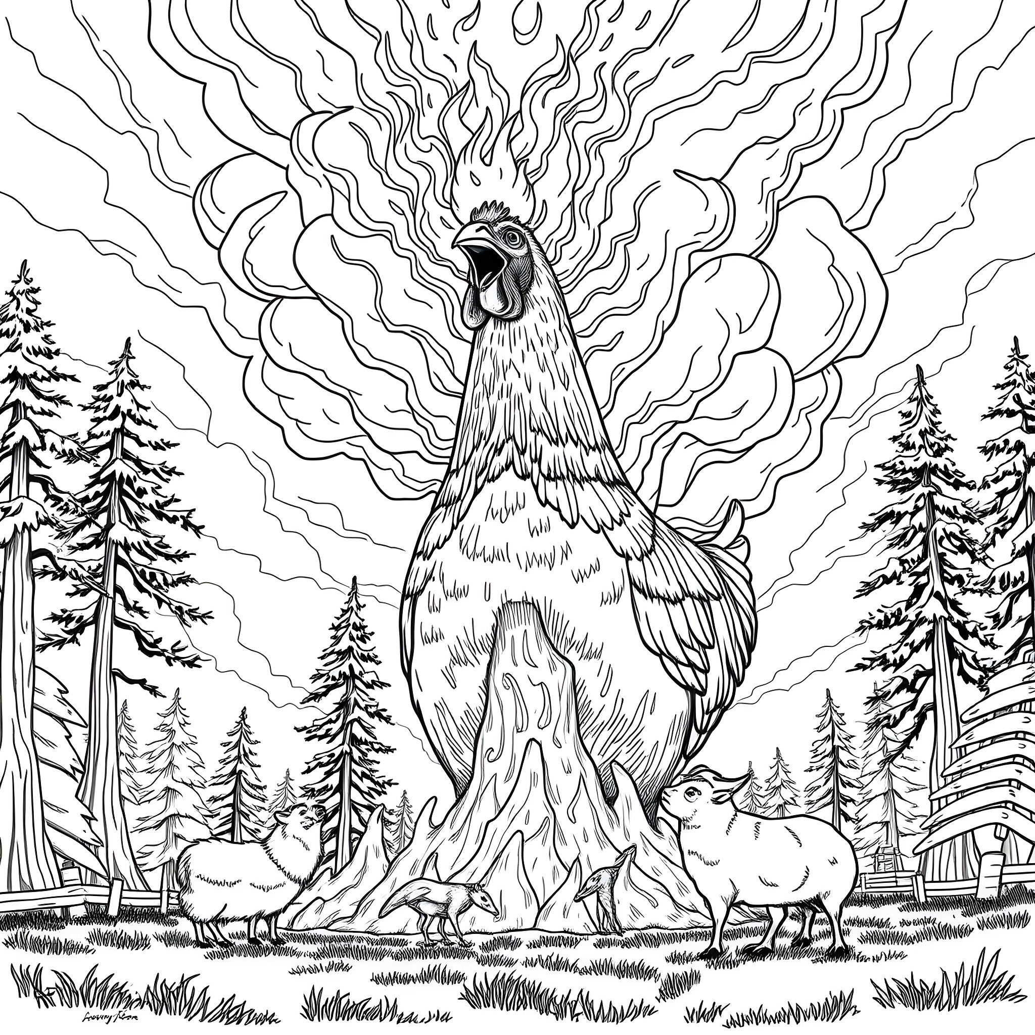 Chicken majestic and powerful in snowy forest Coloring Page (free black-and-white line drawing printable PDF for all, from beginners to advanced learners, including children, teens, adults, and seniors)