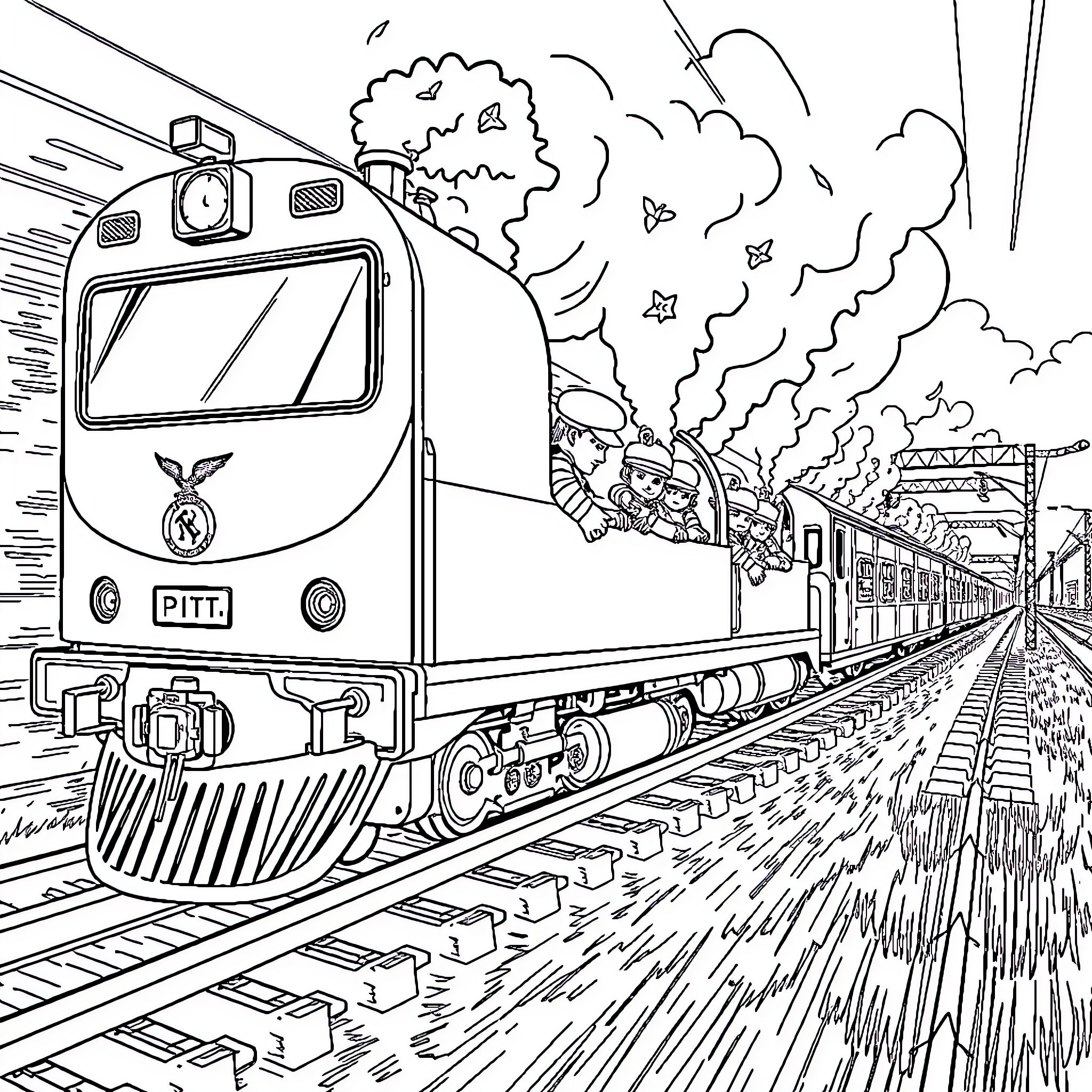 Paw Patrol Train Speeding Through Snowy Landscape Coloring Page (free black-and-white line drawing printable PDF for all, from beginners to advanced learners, including children, teens, adults, and seniors)
