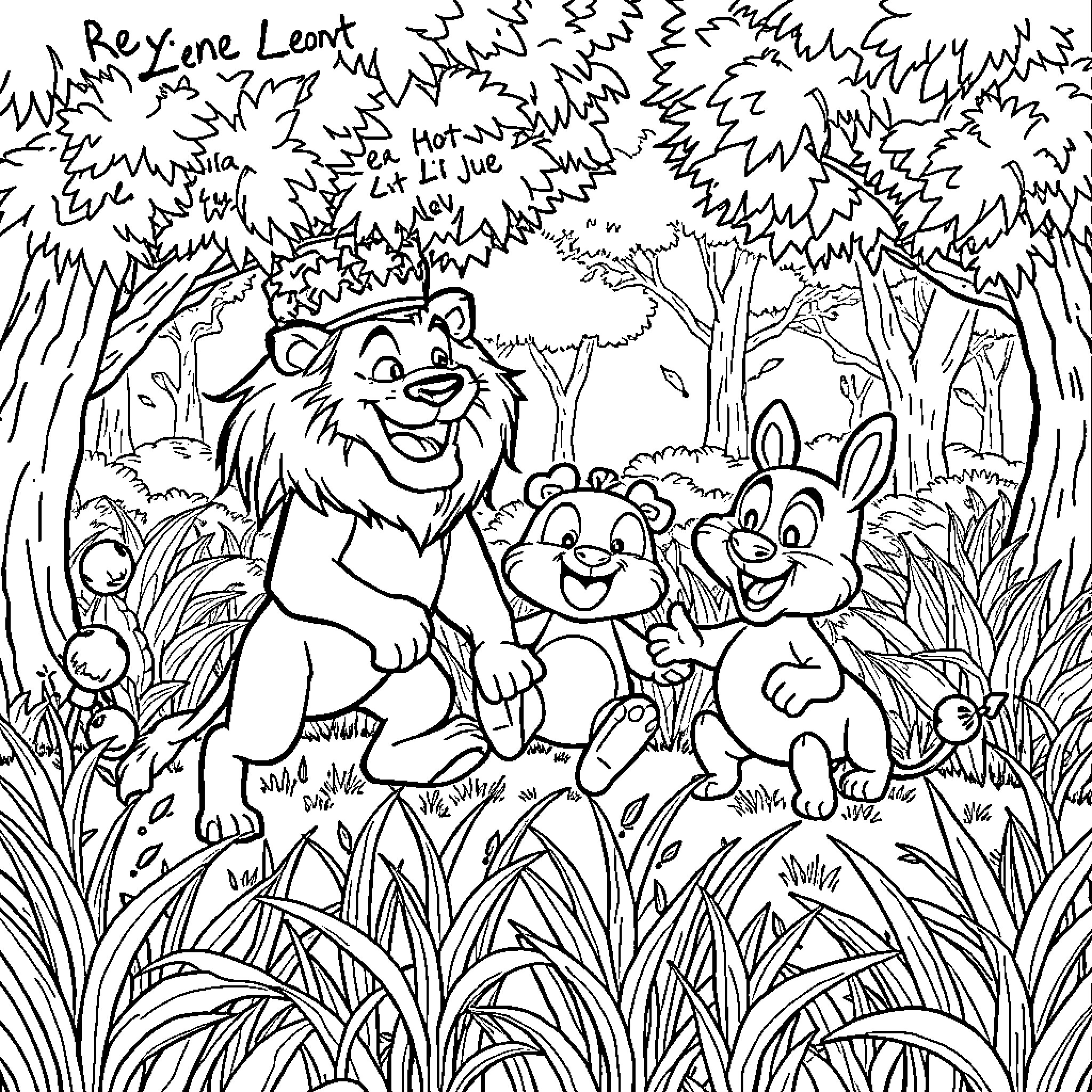 Lion and friends exploring the lush forest Coloring Page (free black-and-white line drawing printable PDF for all, from beginners to advanced learners, including children, teens, adults, and seniors)
