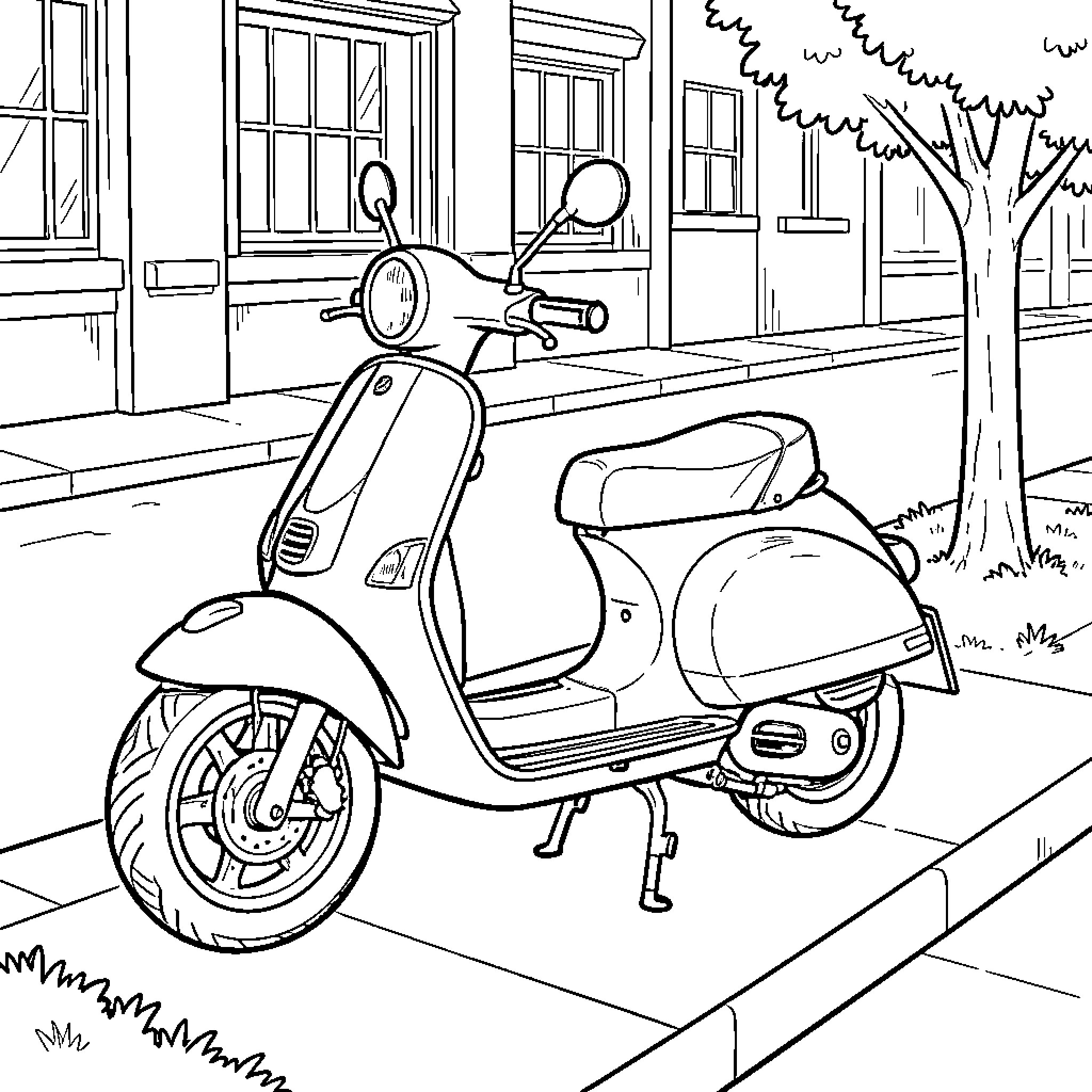 Mobylette parked on a quiet city sidewalk Coloring Page (free black-and-white line drawing printable PDF for all, from beginners to advanced learners, including children, teens, adults, and seniors)