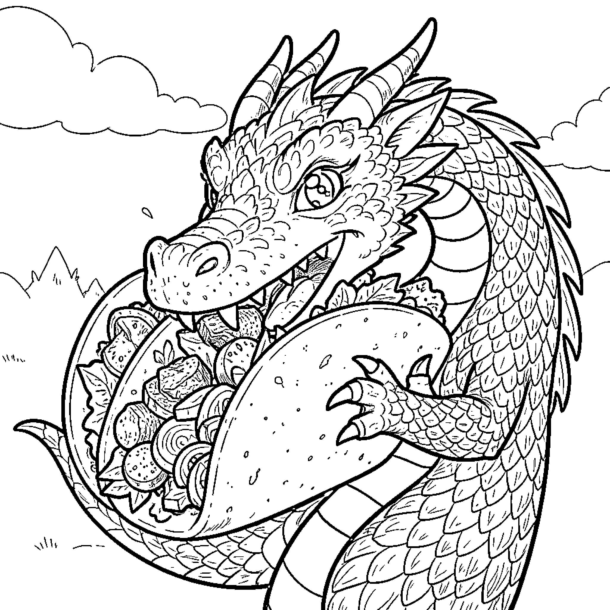 Dragon exploring a detailed fantasy landscape Coloring Page (free black-and-white line drawing printable PDF for all, from beginners to advanced learners, including children, teens, adults, and seniors)