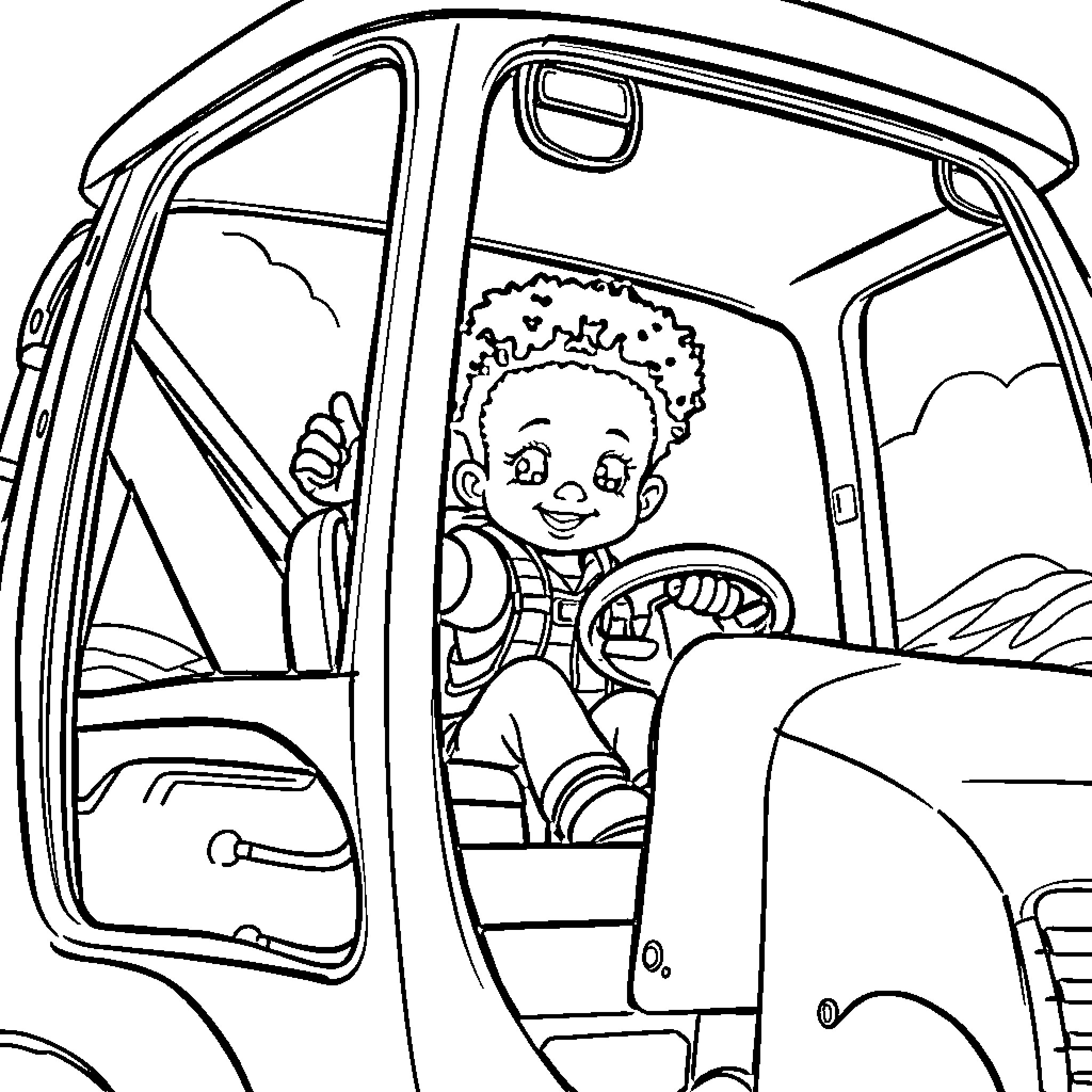 Toddler driving a car happily on the road Coloring Page (free black-and-white line drawing printable PDF for all, from beginners to advanced learners, including children, teens, adults, and seniors)