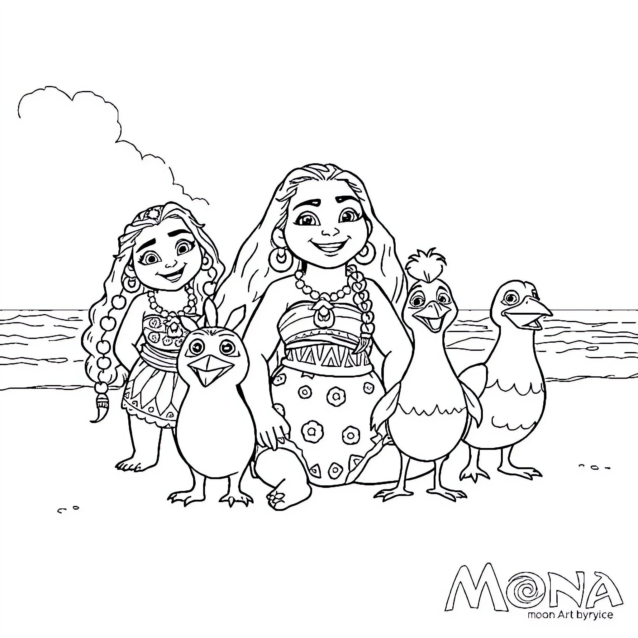 Moana and her animal friends on the beach Coloring Page (free black-and-white line drawing printable PDF for all, from beginners to advanced learners, including children, teens, adults, and seniors)
