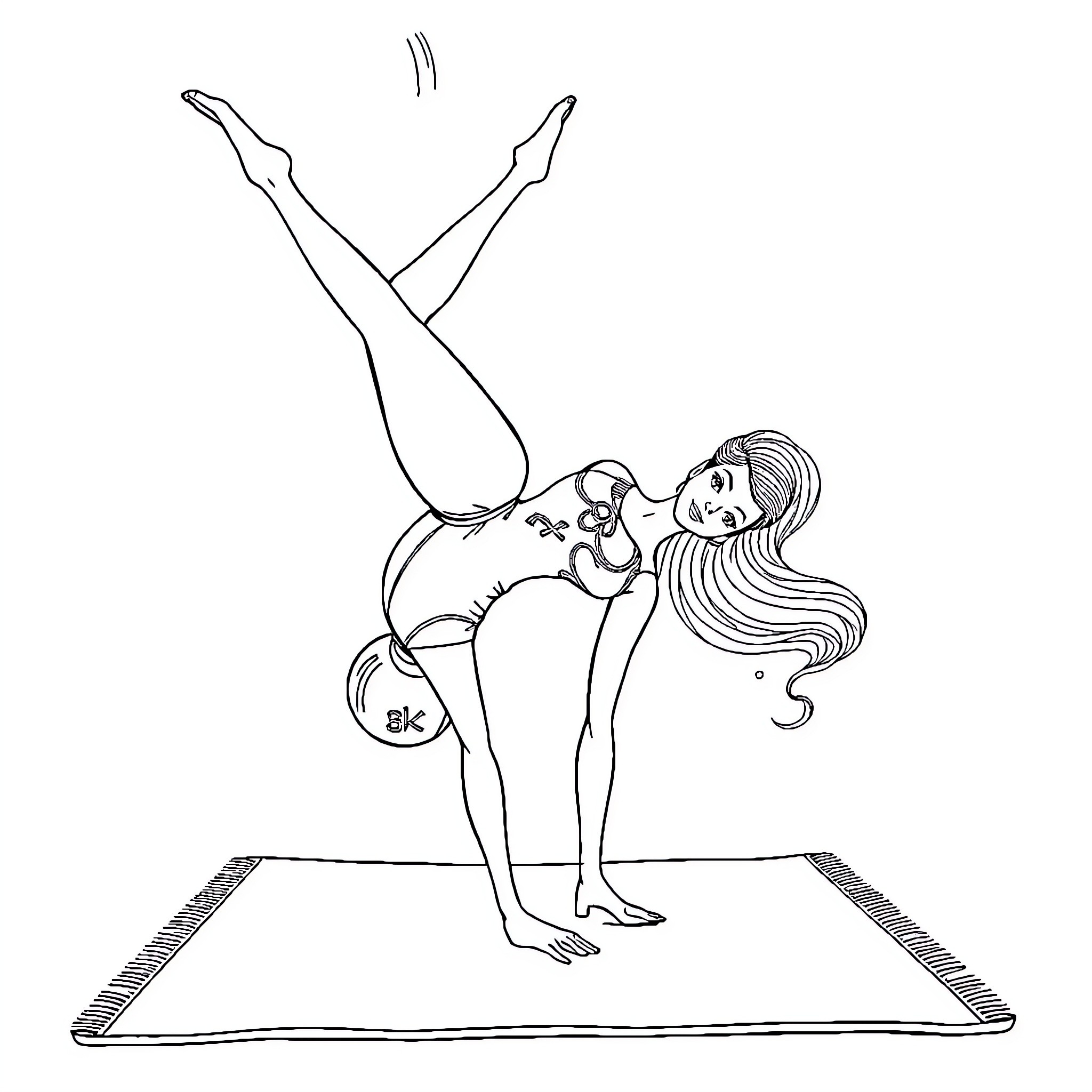Barbie Stretching and Balancing on a Mat Coloring Page (free black-and-white line drawing printable PDF for all, from beginners to advanced learners, including children, teens, adults, and seniors)