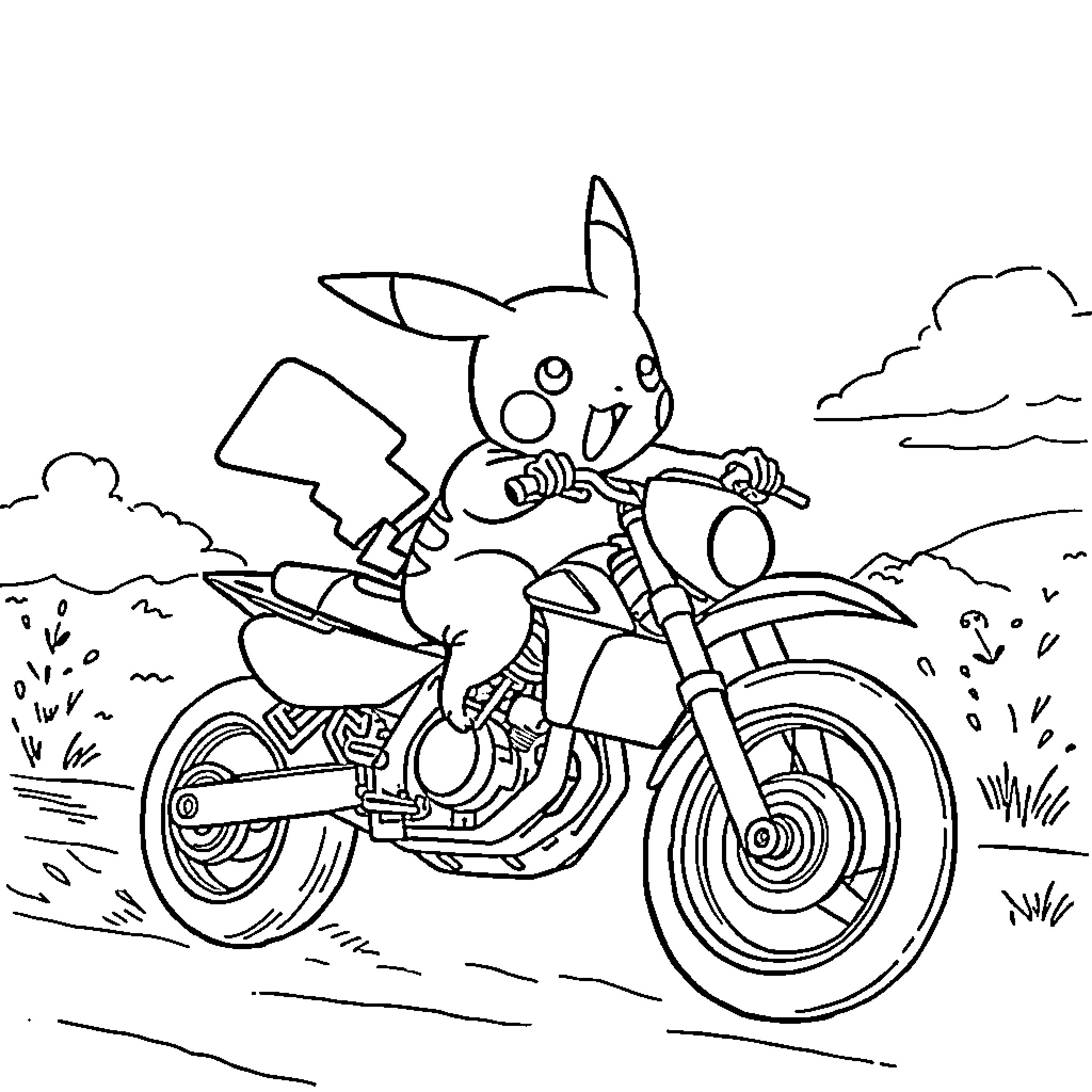 Pikachu riding a motorcycle through the countryside Coloring Page (free black-and-white line drawing printable PDF for all, from beginners to advanced learners, including children, teens, adults, and seniors)