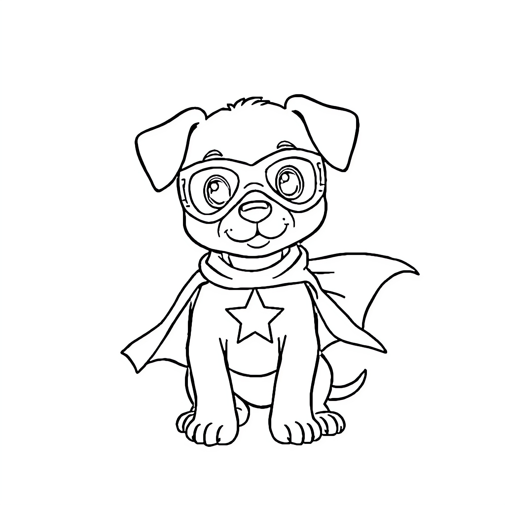 Superhero Puppy in Adorable Costume Coloring Page (free black-and-white line drawing printable PDF for all, from beginners to advanced learners, including children, teens, adults, and seniors)
