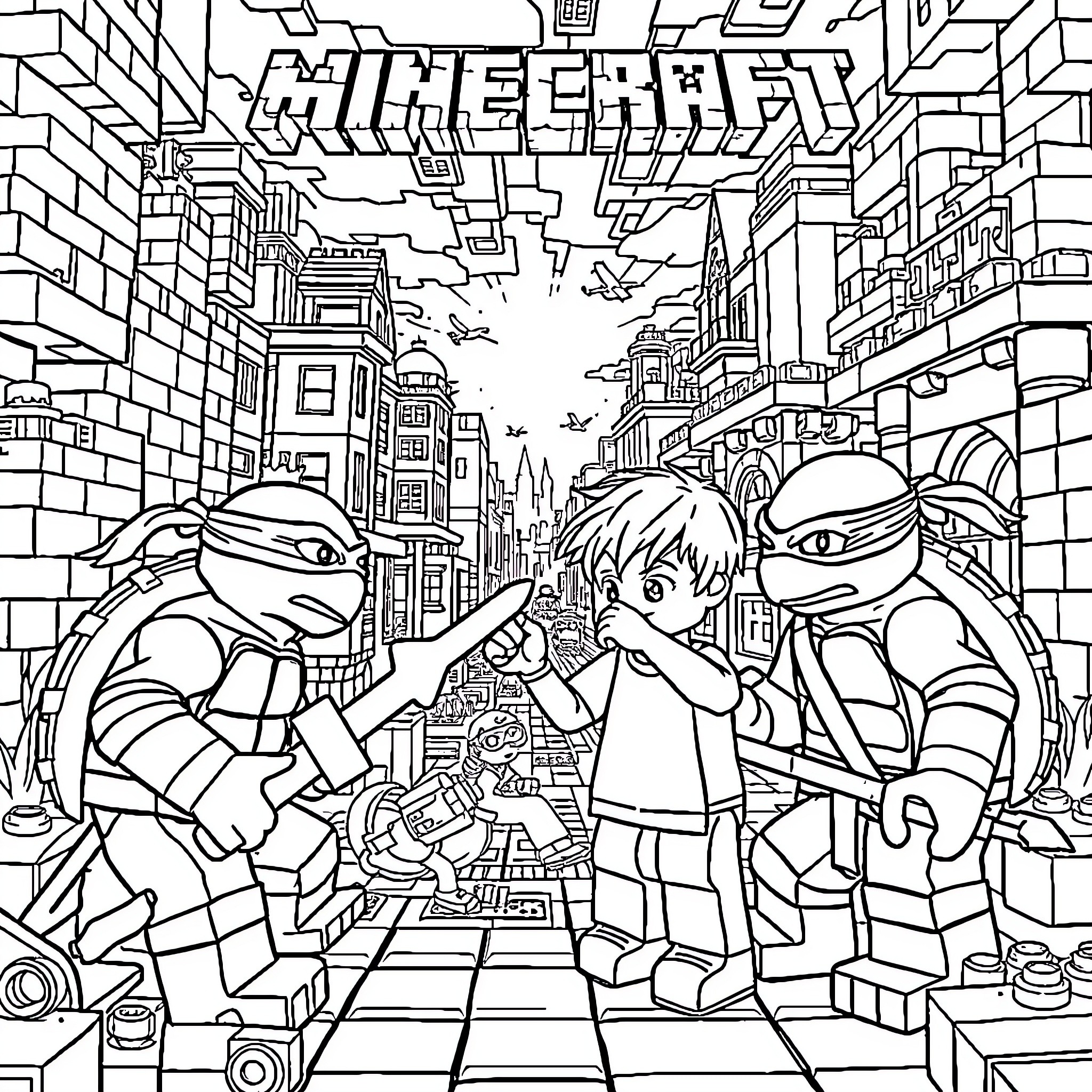 William's Minecraft Adventure with Friends Coloring Page (free black-and-white line drawing printable PDF for all, from beginners to advanced learners, including children, teens, adults, and seniors)