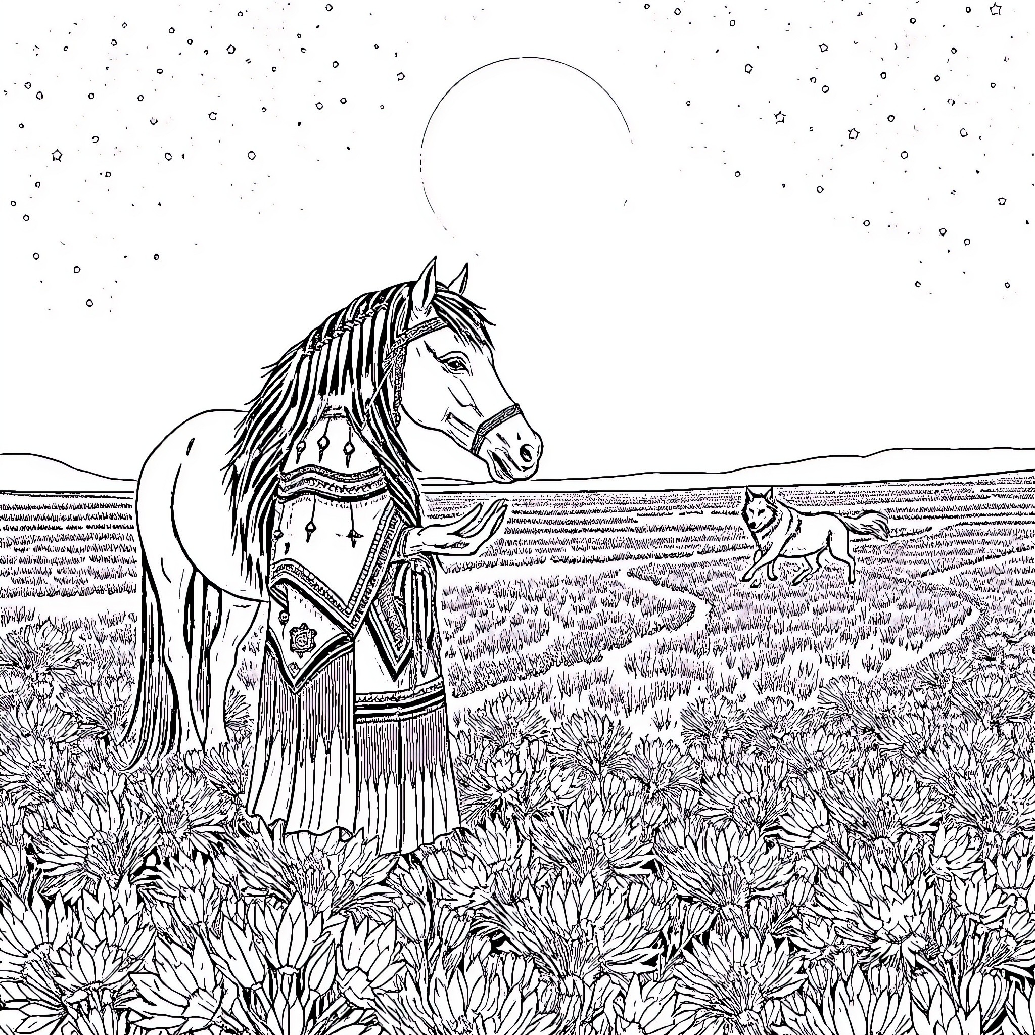 Native American Woman with Horse in Moonlit Field Coloring Page (free black-and-white line drawing printable PDF for all, from beginners to advanced learners, including children, teens, adults, and seniors)