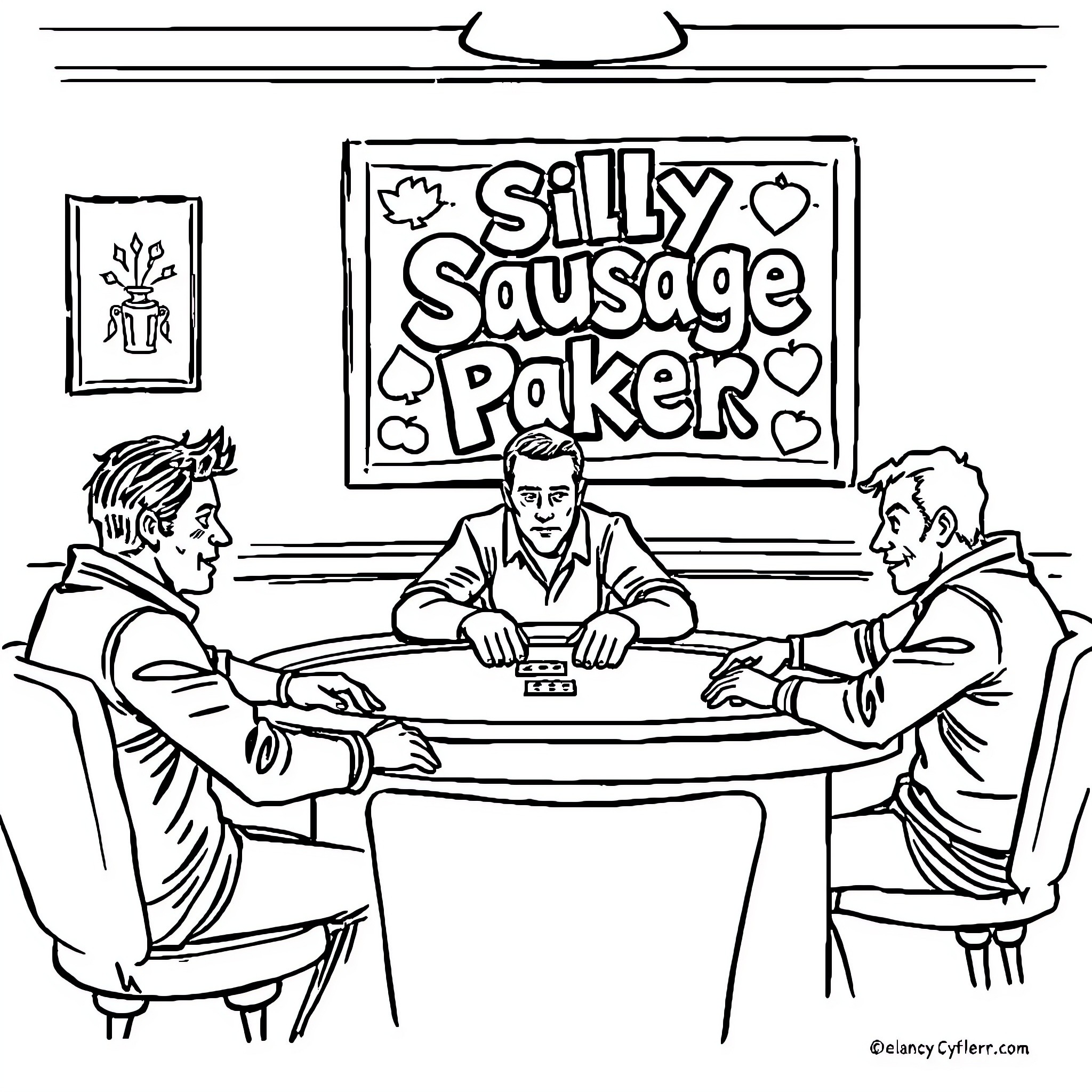 Gamer friends playing poker in silly sausage diner Coloring Page (free black-and-white line drawing printable PDF for all, from beginners to advanced learners, including children, teens, adults, and seniors)