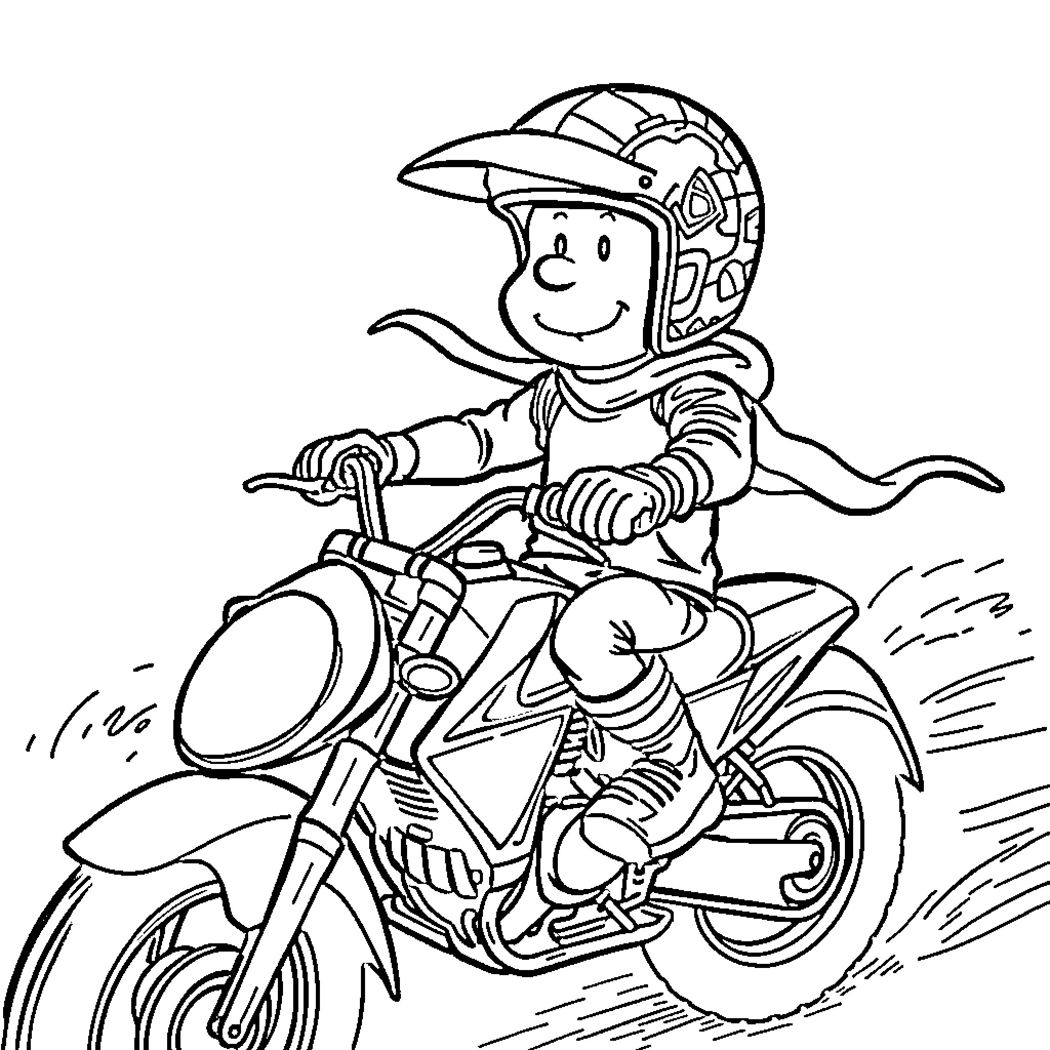 Peanut Man riding a dirt bike with excitement Coloring Page (free black-and-white line drawing printable PDF for all, from beginners to advanced learners, including children, teens, adults, and seniors)