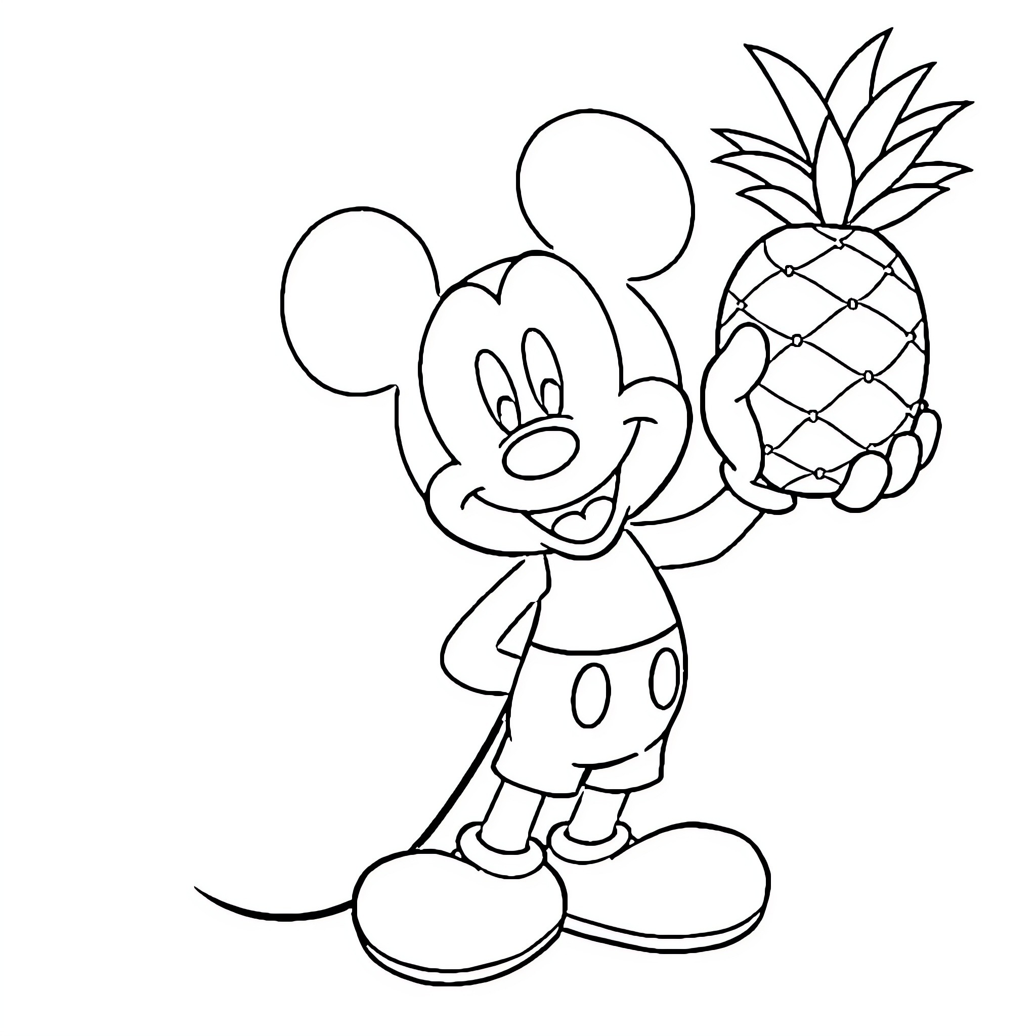 Mickey Mouse holding a pineapple Coloring Page (free black-and-white line drawing printable PDF for all, from beginners to advanced learners, including children, teens, adults, and seniors)