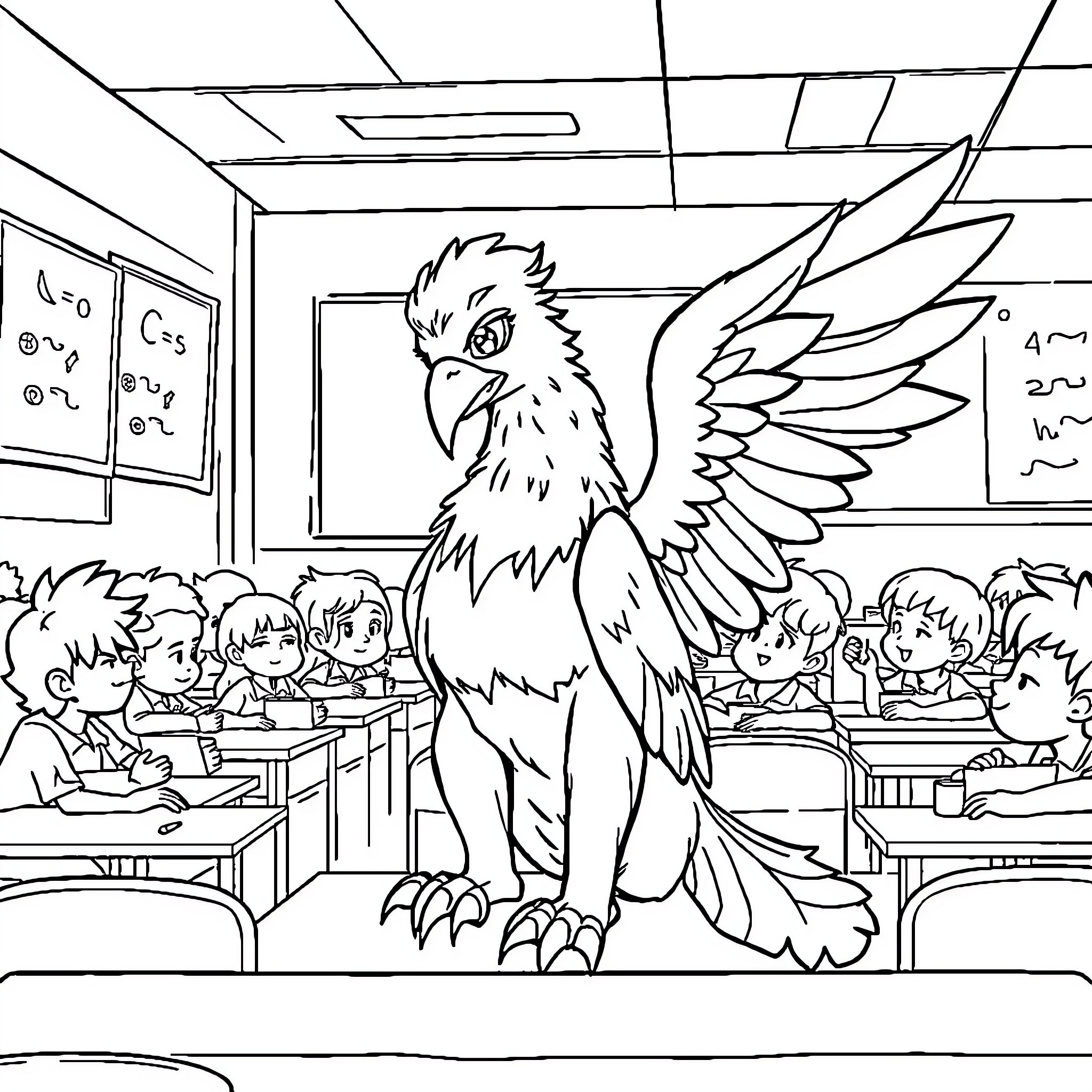 Griffin Soaring in the Classroom Coloring Page (free black-and-white line drawing printable PDF for all, from beginners to advanced learners, including children, teens, adults, and seniors)