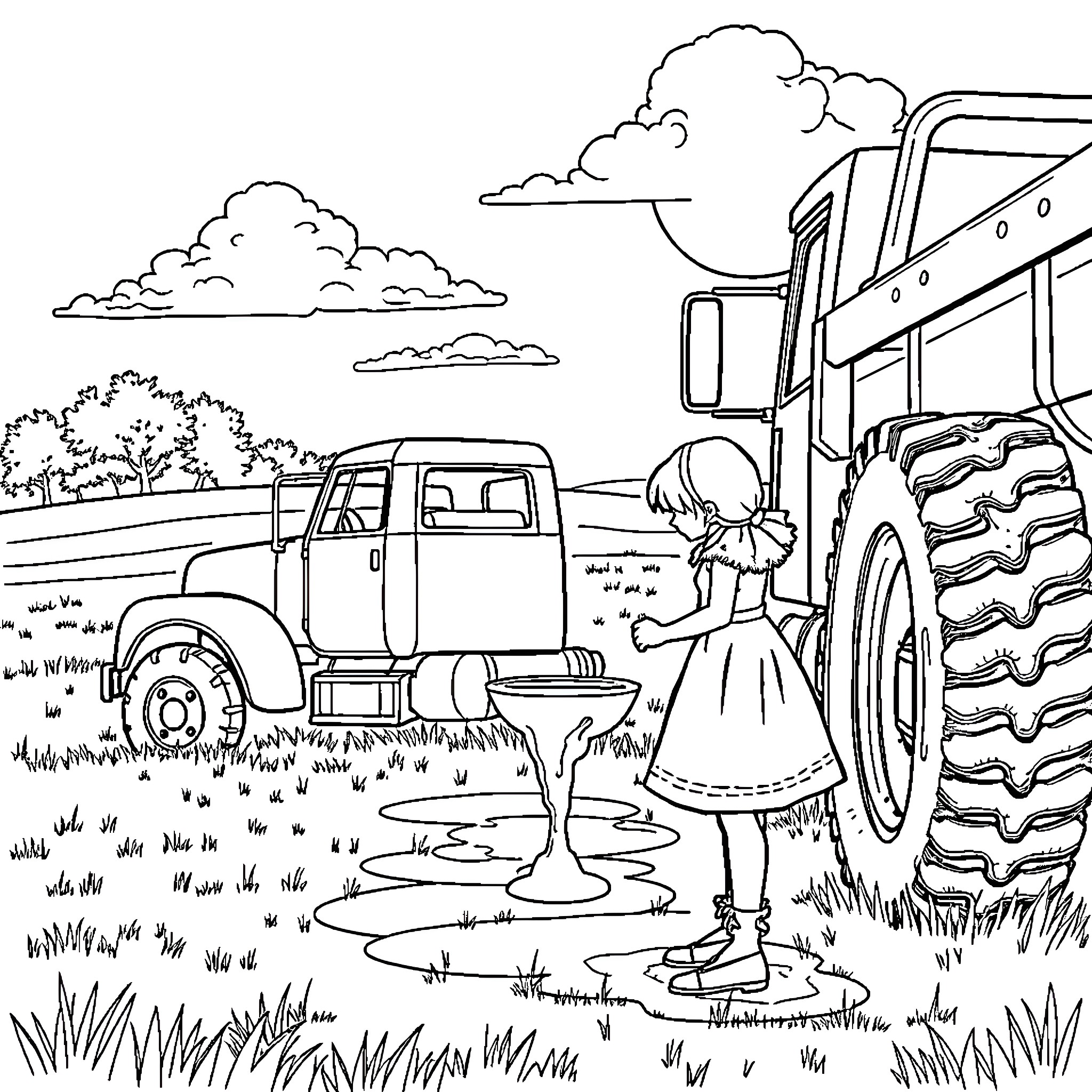 Girl exploring rustic farm vehicle in field Coloring Page (free black-and-white line drawing printable PDF for all, from beginners to advanced learners, including children, teens, adults, and seniors)