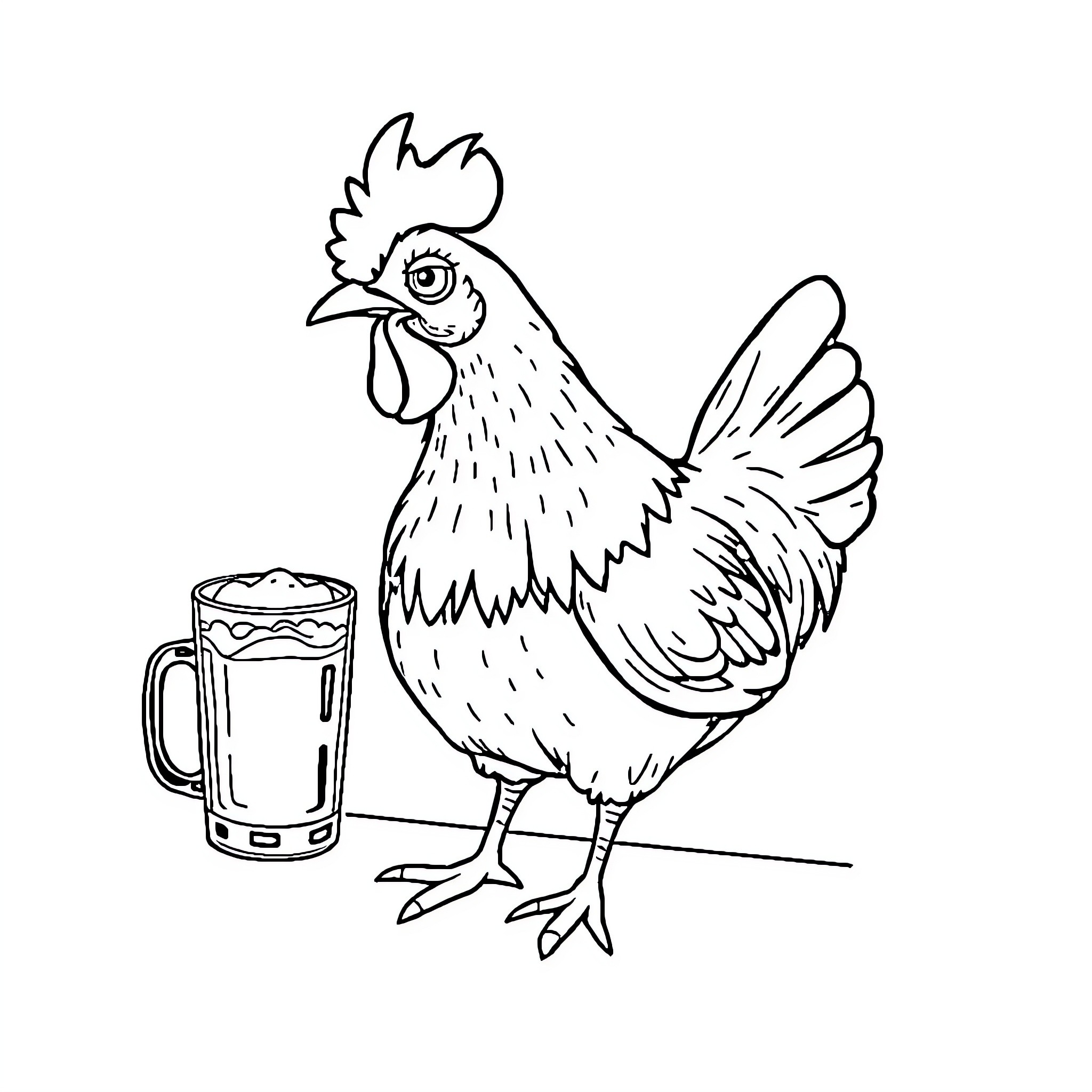 Chicken drinking beer Coloring Page (free black-and-white line drawing printable PDF for all, from beginners to advanced learners, including children, teens, adults, and seniors)