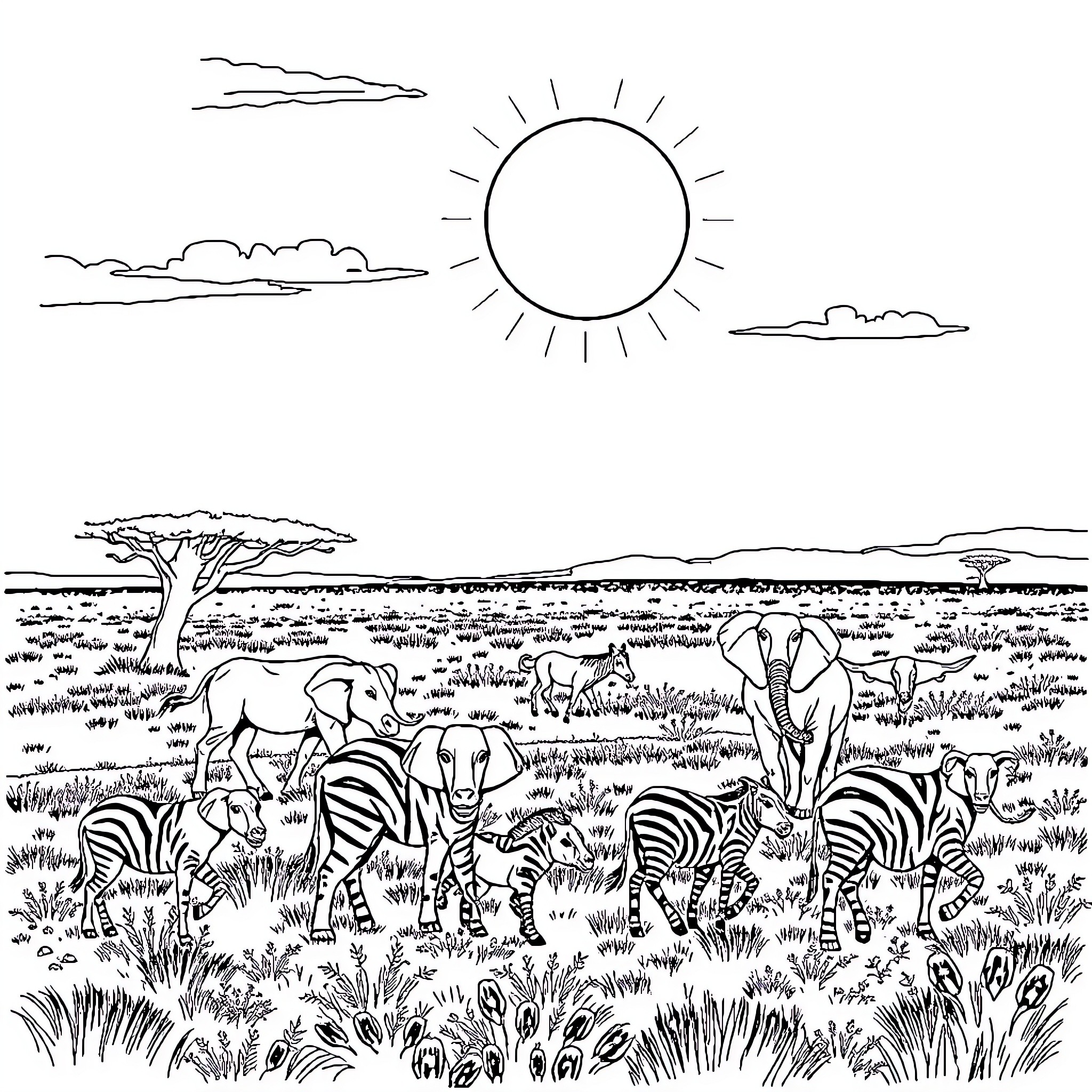 Animal Gathering in Lush African Savanna Coloring Page (free black-and-white line drawing printable PDF for all, from beginners to advanced learners, including children, teens, adults, and seniors)