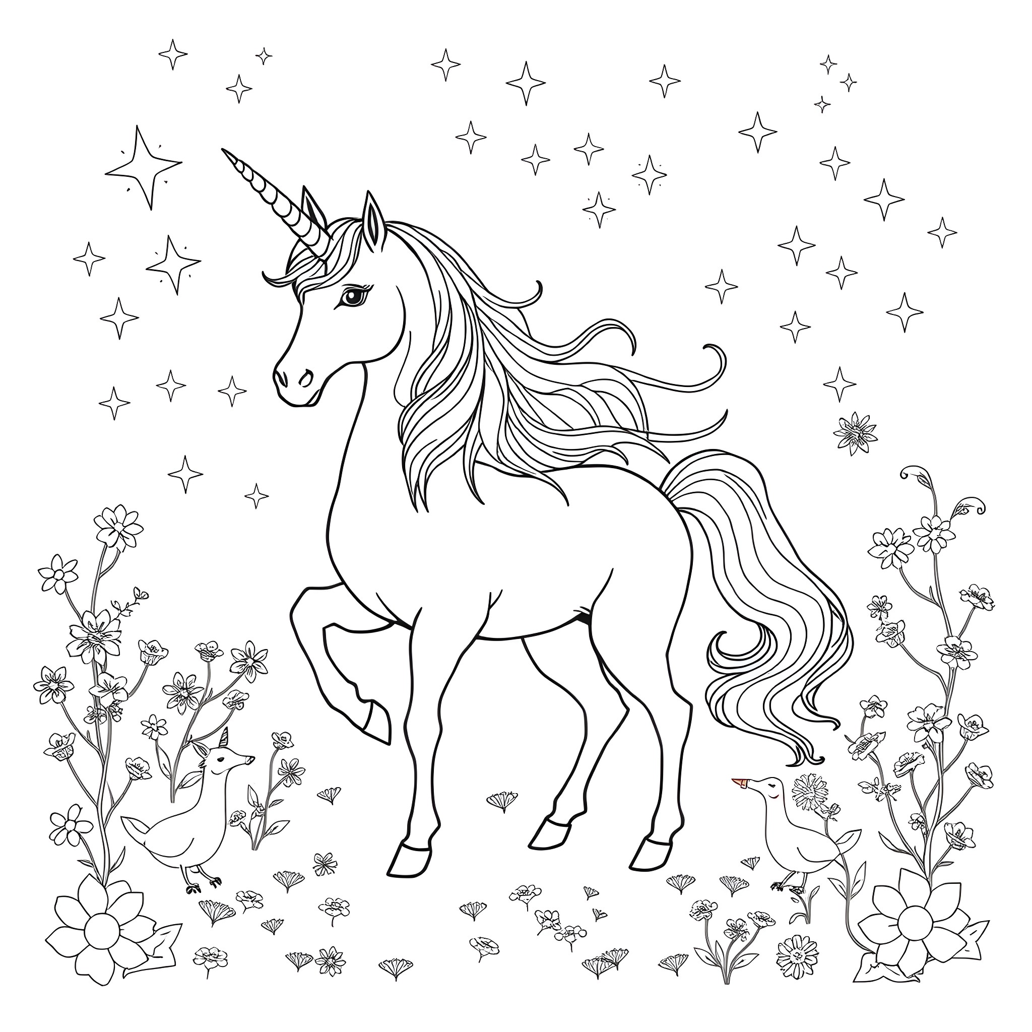 Unicorn in a starry, floral meadow Coloring Page (free black-and-white line drawing printable PDF for all, from beginners to advanced learners, including children, teens, adults, and seniors)