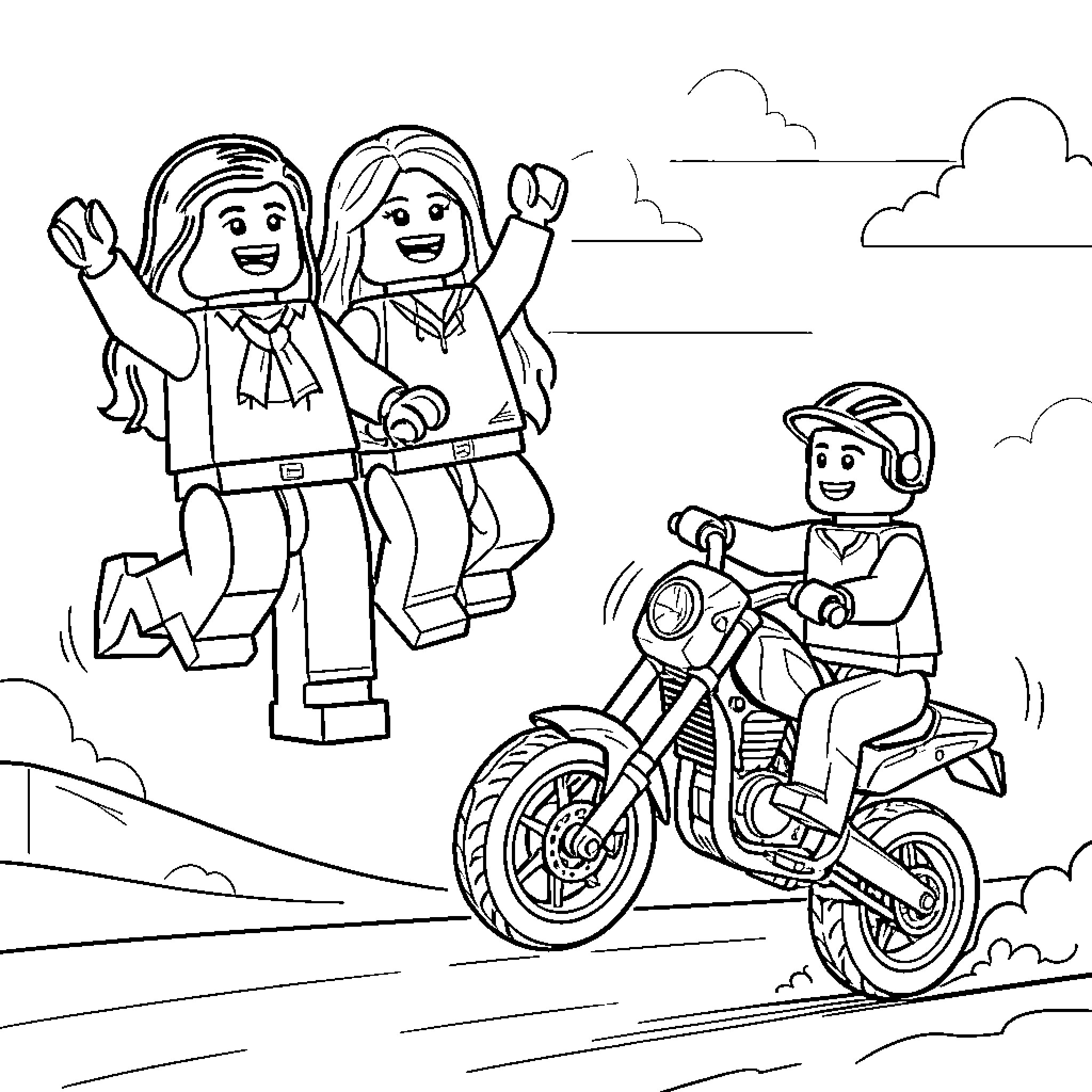 Lego figures celebrating biker's journey Coloring Page (free black-and-white line drawing printable PDF for all, from beginners to advanced learners, including children, teens, adults, and seniors)