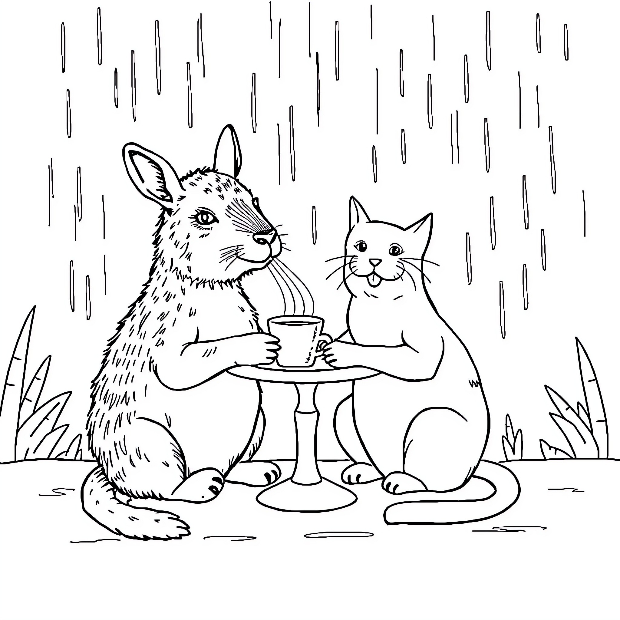 Capybara and cat enjoying a cozy tea time together Coloring Page (free black-and-white line drawing printable PDF for all, from beginners to advanced learners, including children, teens, adults, and seniors)