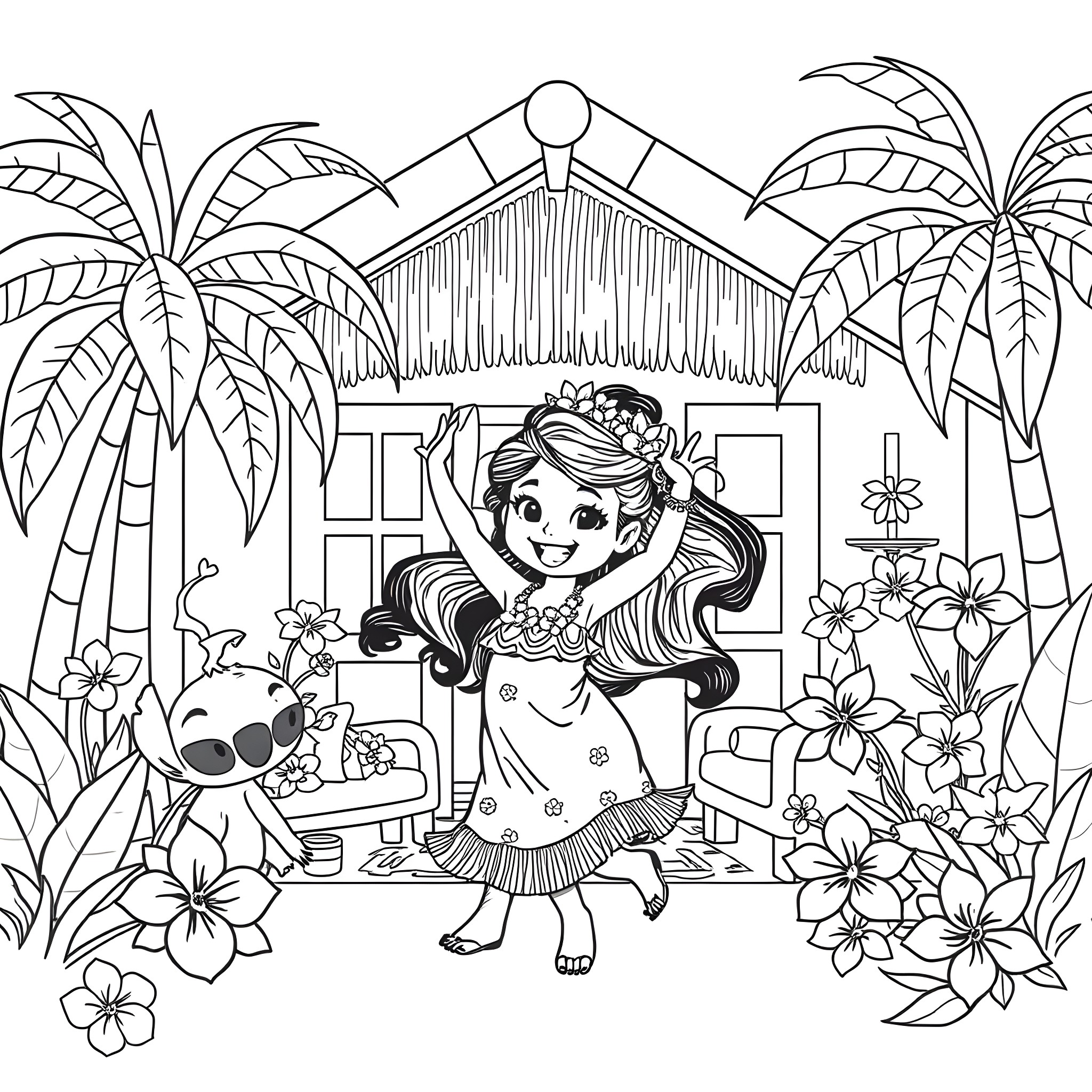 Lilo dancing joyfully in a tropical paradise Coloring Page (free black-and-white line drawing printable PDF for all, from beginners to advanced learners, including children, teens, adults, and seniors)