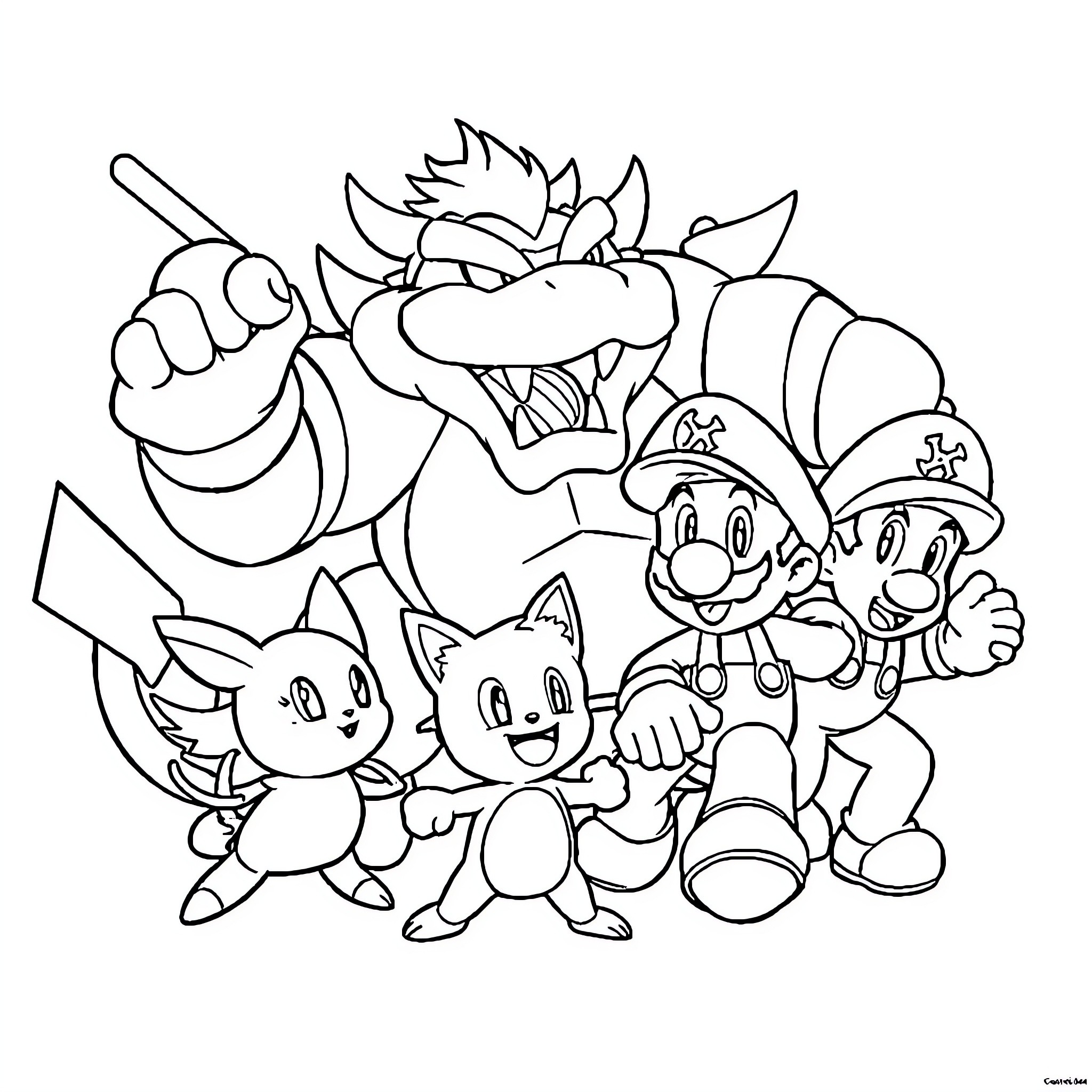 Bowser and friends in an adventure scene Coloring Page (free black-and-white line drawing printable PDF for all, from beginners to advanced learners, including children, teens, adults, and seniors)