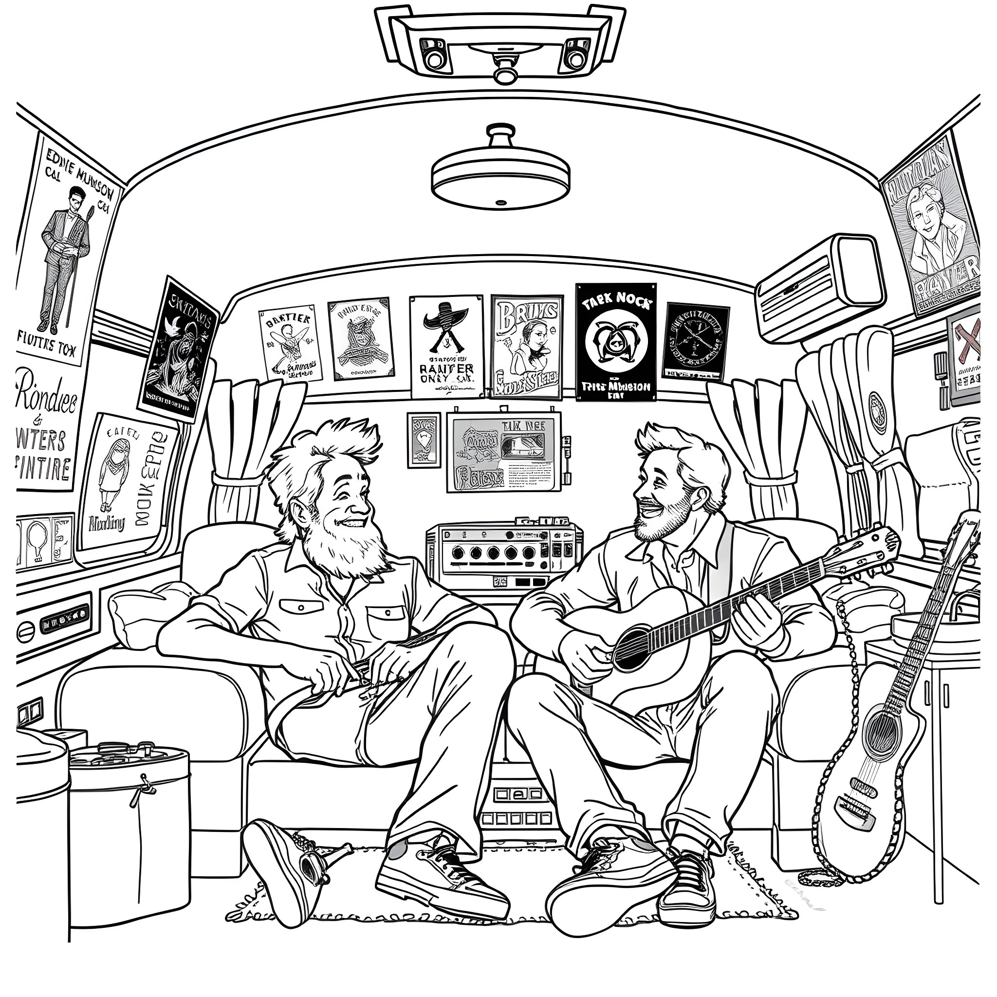 Eddie Munson's Rockin' Vintage Trailer Adventure Coloring Page (free black-and-white line drawing printable PDF for all, from beginners to advanced learners, including children, teens, adults, and seniors)