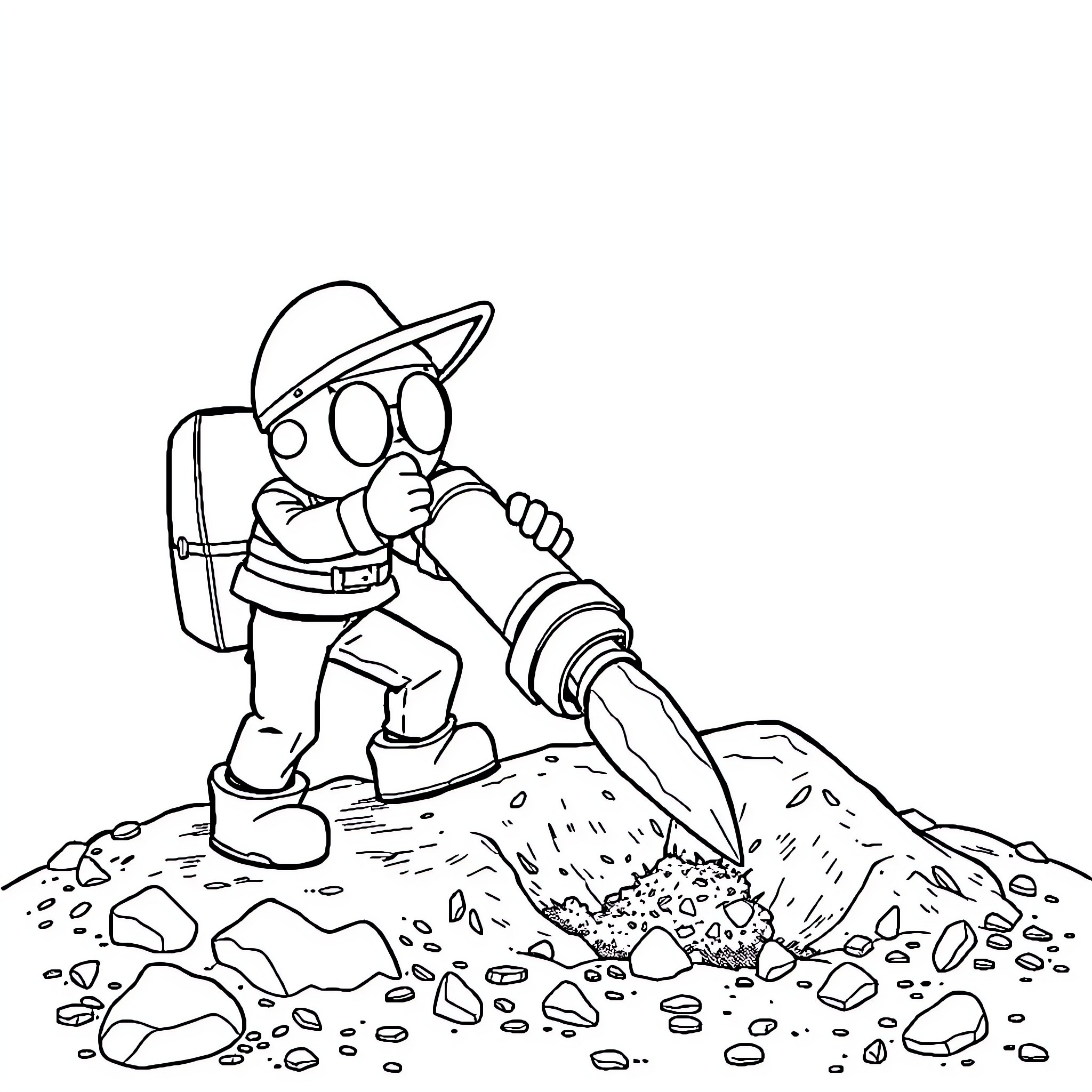 Bandit prospector panning for gold in the mountains Coloring Page (free black-and-white line drawing printable PDF for all, from beginners to advanced learners, including children, teens, adults, and seniors)
