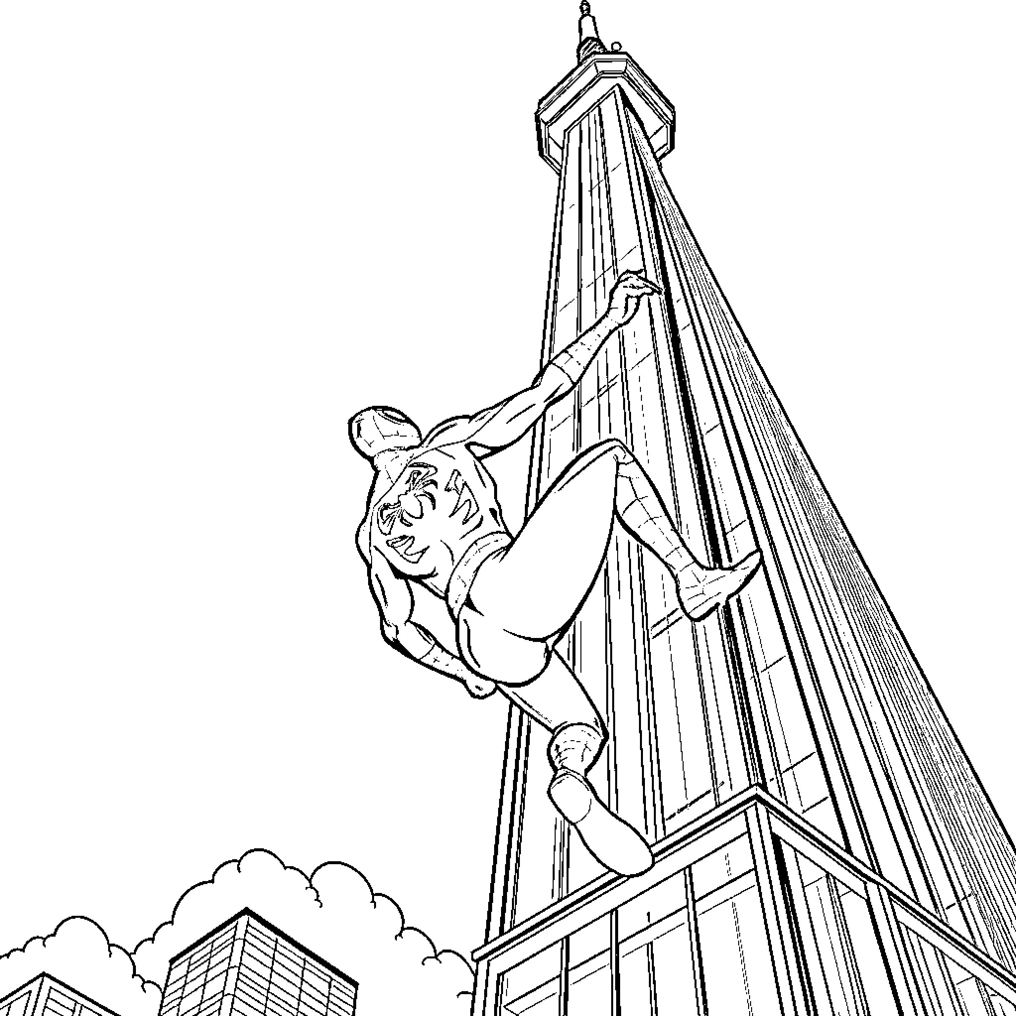 Spider-Man swinging between skyscrapers Coloring Page (free black-and-white line drawing printable PDF for all, from beginners to advanced learners, including children, teens, adults, and seniors)