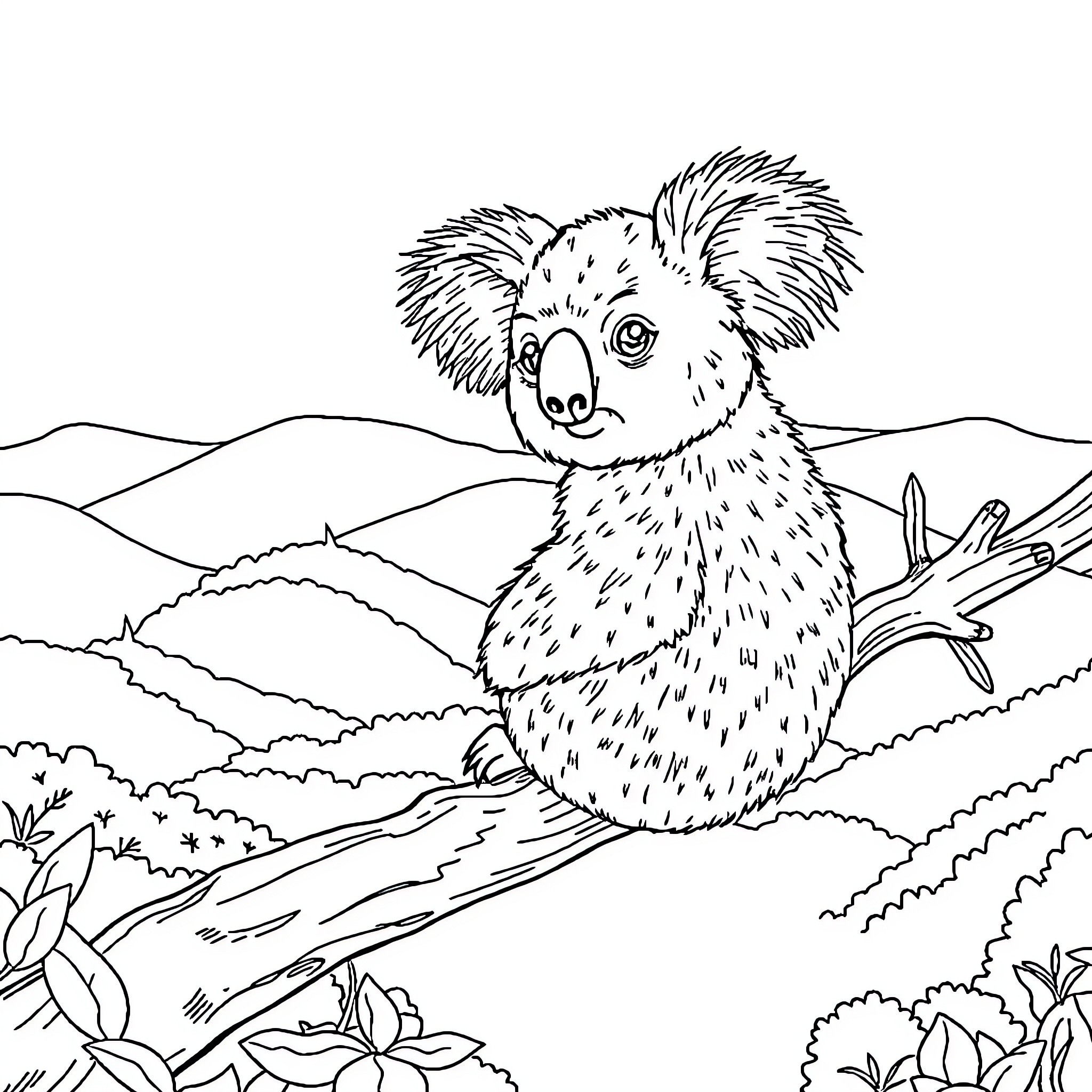 Koala resting peacefully in the natural landscape Coloring Page (free black-and-white line drawing printable PDF for all, from beginners to advanced learners, including children, teens, adults, and seniors)