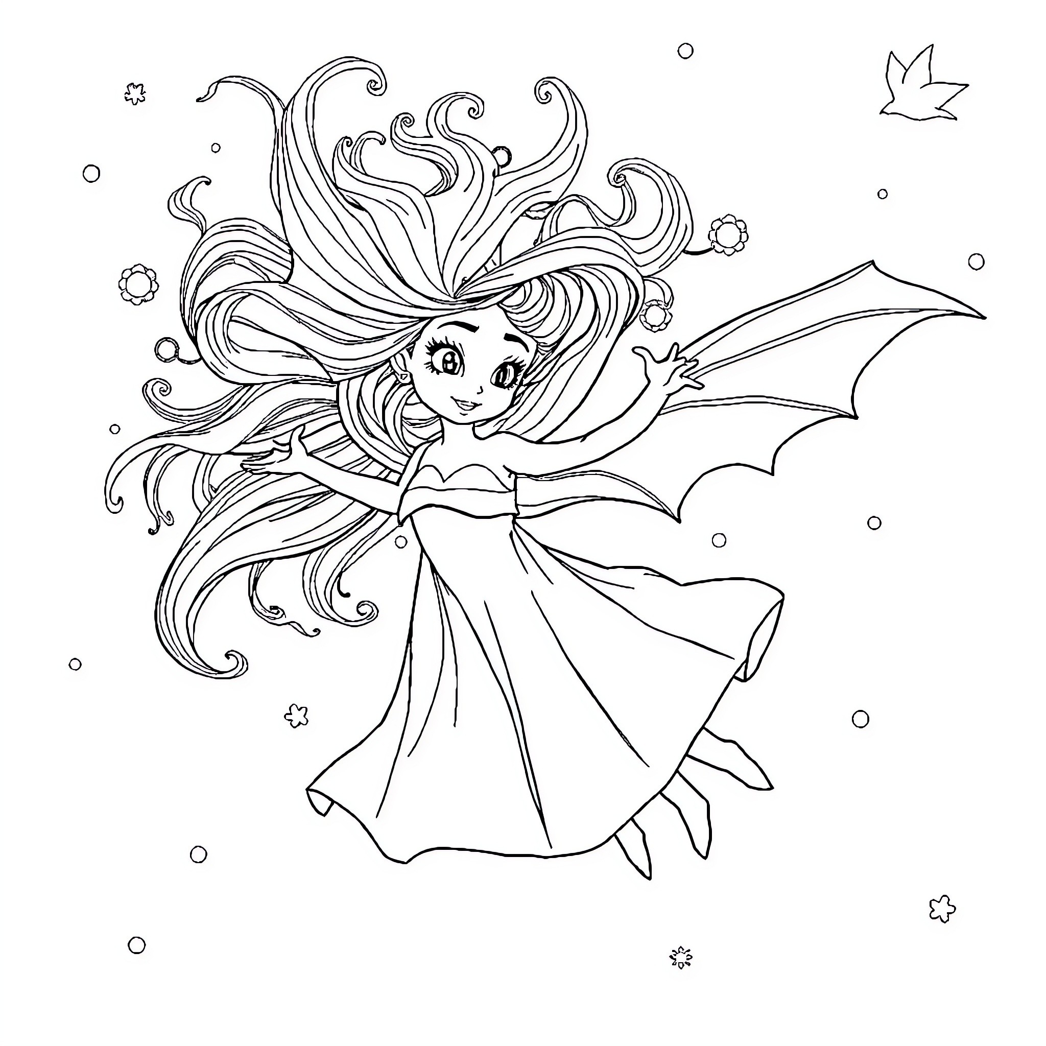 Jadina's Whimsical Fairy Flight Coloring Page (free black-and-white line drawing printable PDF for all, from beginners to advanced learners, including children, teens, adults, and seniors)
