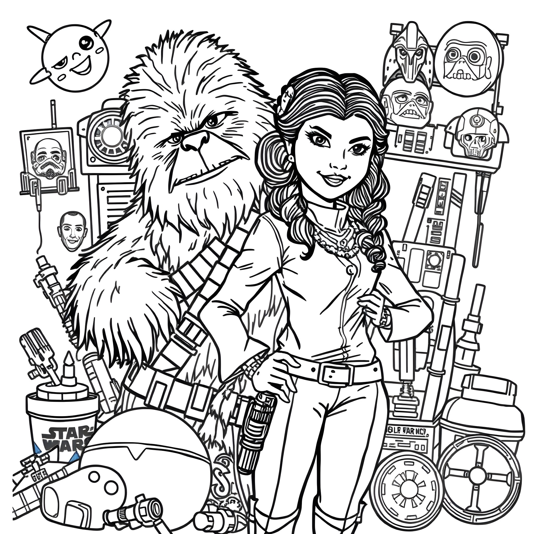 Chewbacca and friends on an intergalactic adventure Coloring Page (free black-and-white line drawing printable PDF for all, from beginners to advanced learners, including children, teens, adults, and seniors)