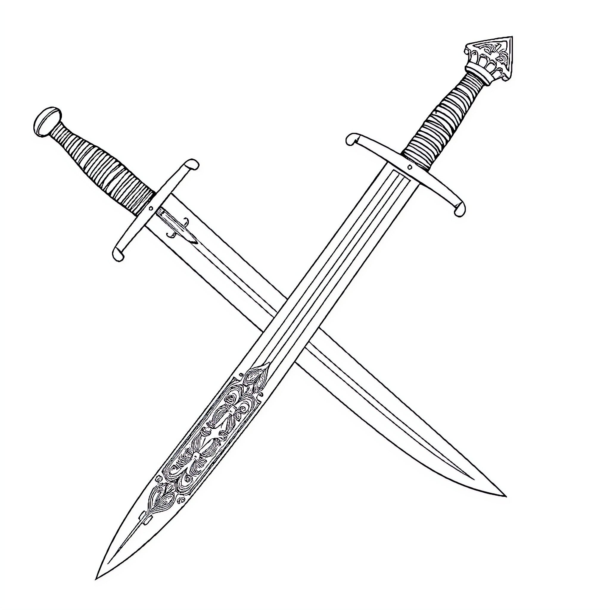 Sword Crossed Design with Decorated Hilts Coloring Page (free black-and-white line drawing printable PDF for all, from beginners to advanced learners, including children, teens, adults, and seniors)