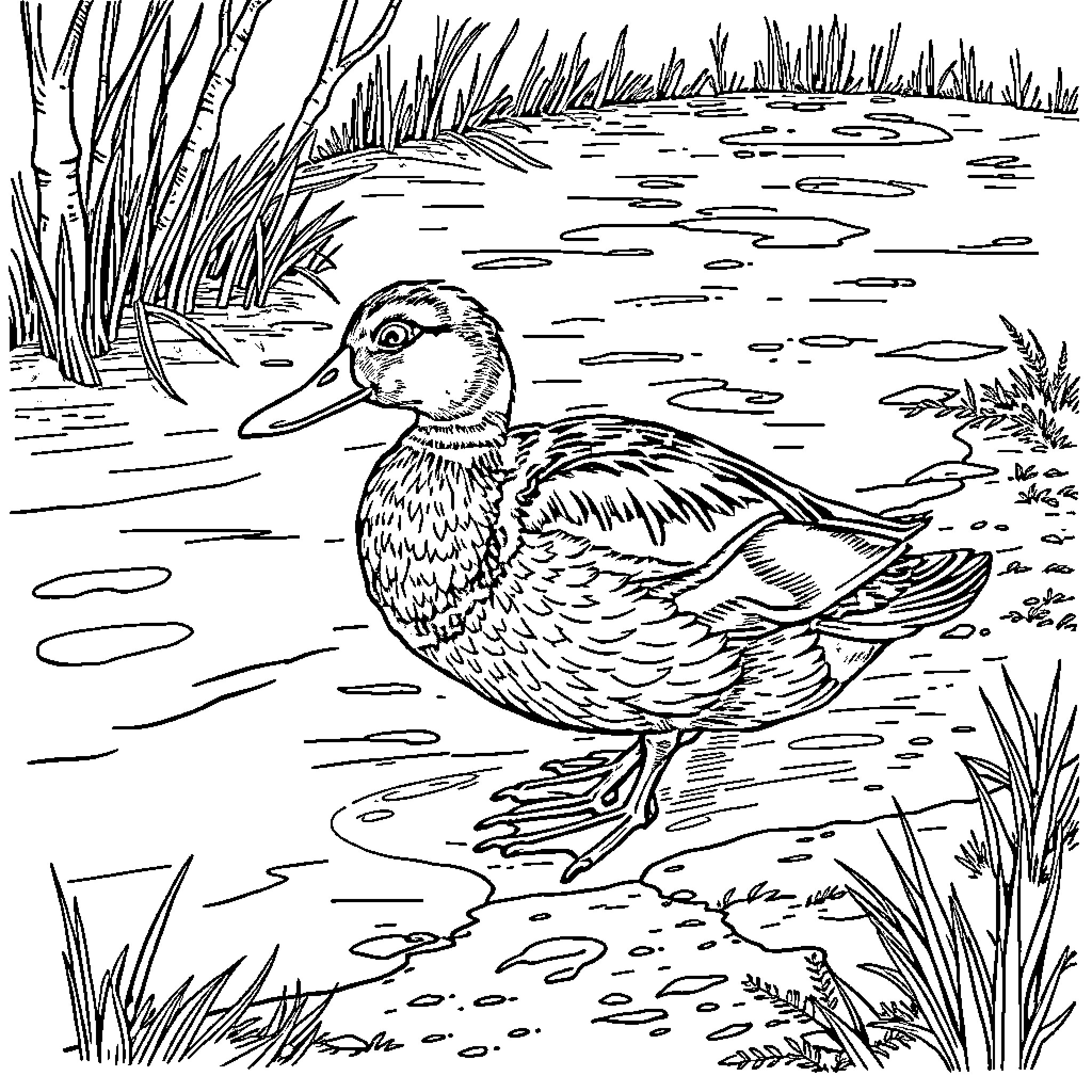 Duck swimming peacefully in the pond Coloring Page (free black-and-white line drawing printable PDF for all, from beginners to advanced learners, including children, teens, adults, and seniors)