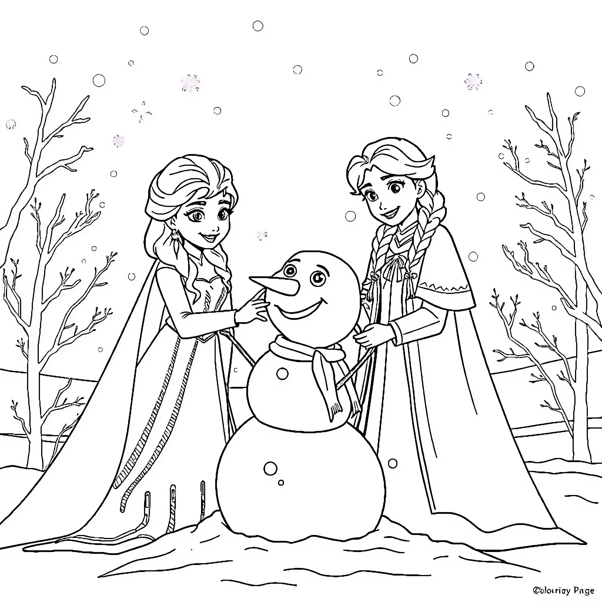 Elsa and Anna build a snowman in the winter wonderland Coloring Page (free black-and-white line drawing printable PDF for all, from beginners to advanced learners, including children, teens, adults, and seniors)