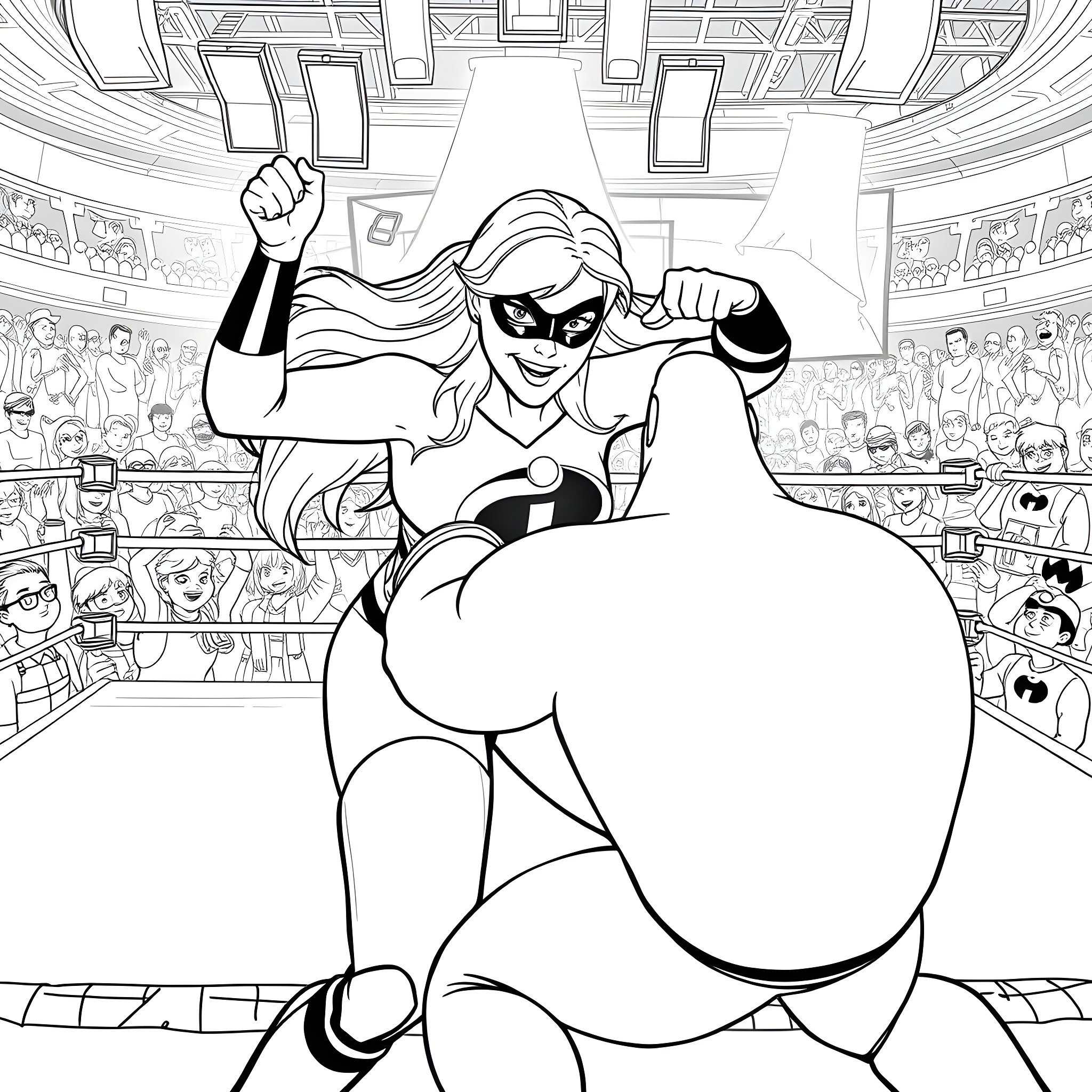 Mrs. Incredible heroic pose on stadium stage Coloring Page (free black-and-white line drawing printable PDF for all, from beginners to advanced learners, including children, teens, adults, and seniors)