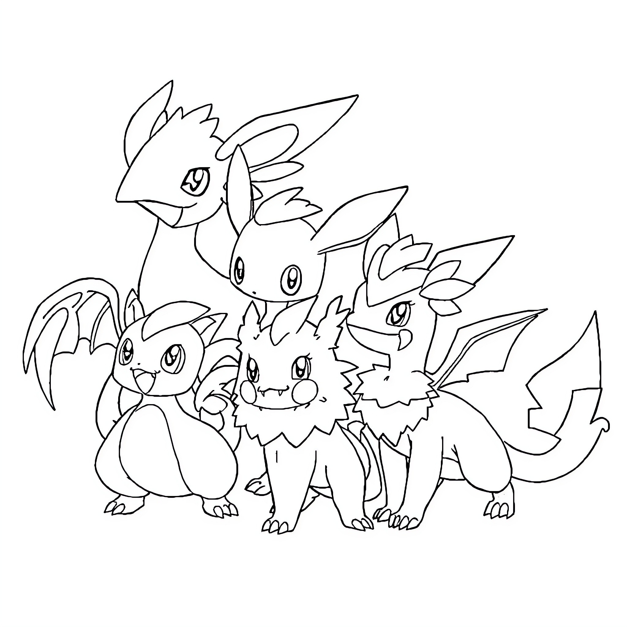 Pokémon Group Posing Together Coloring Page (free black-and-white line drawing printable PDF for all, from beginners to advanced learners, including children, teens, adults, and seniors)