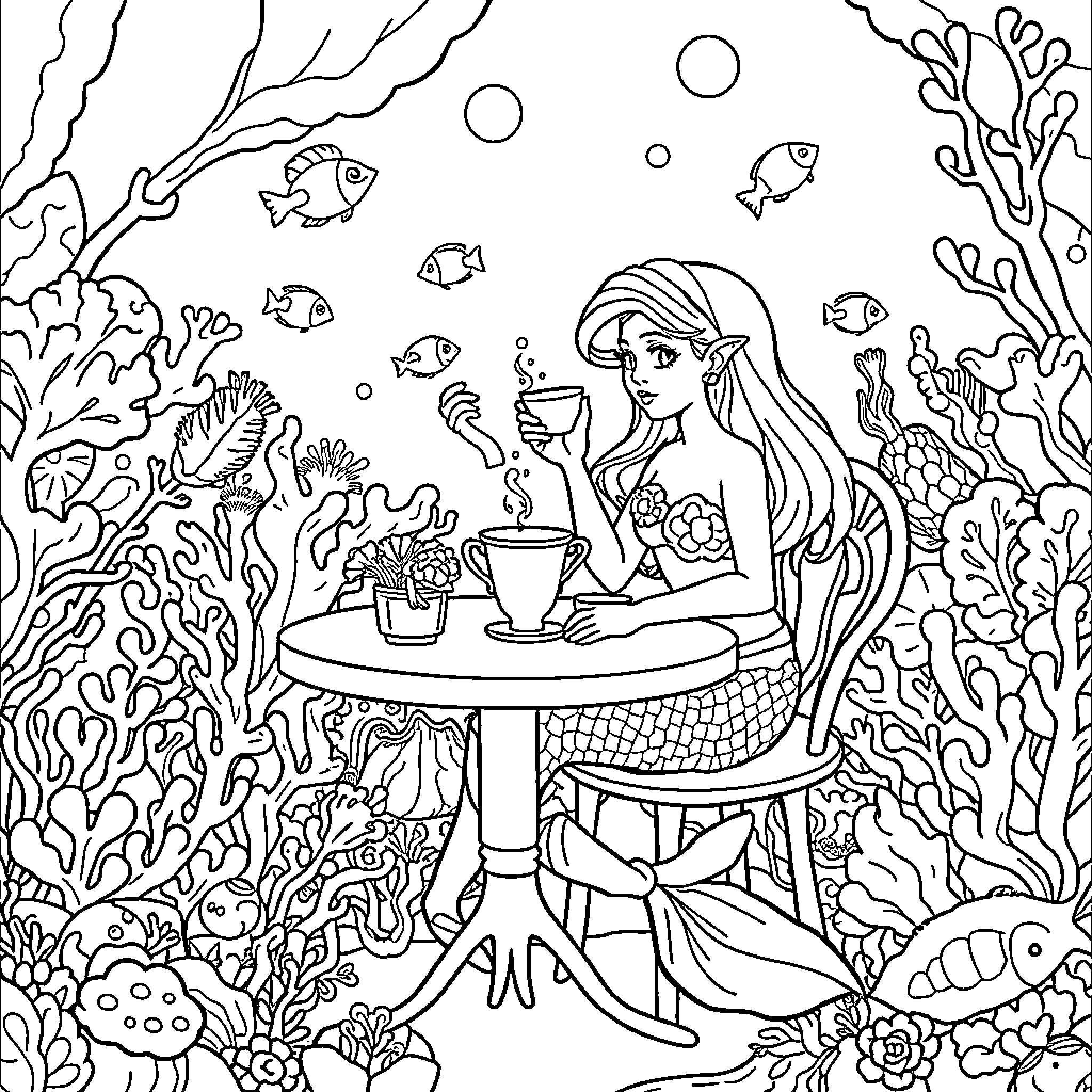 Mermaid enjoying a drink underwater Coloring Page (free black-and-white line drawing printable PDF for all, from beginners to advanced learners, including children, teens, adults, and seniors)