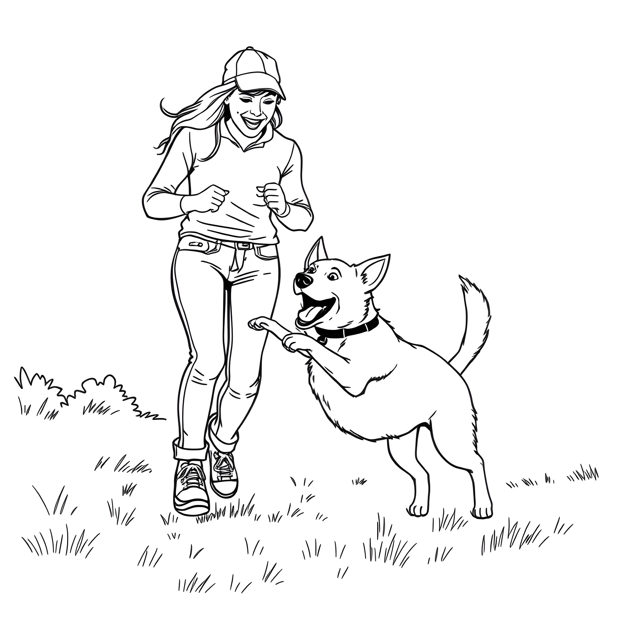 Dog playing happily with woman in the park Coloring Page (free black-and-white line drawing printable PDF for all, from beginners to advanced learners, including children, teens, adults, and seniors)
