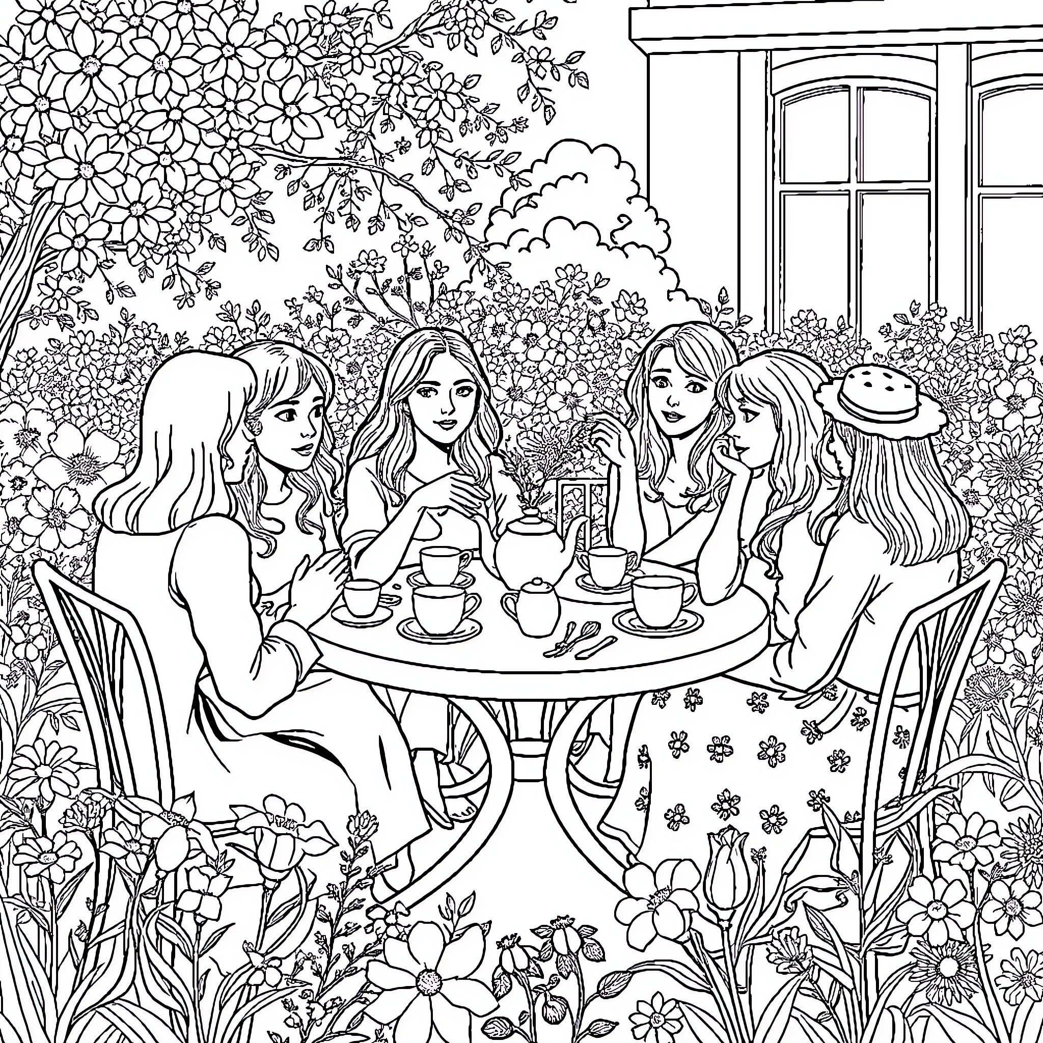 Cast of friends enjoying tea in the garden Coloring Page (free black-and-white line drawing printable PDF for all, from beginners to advanced learners, including children, teens, adults, and seniors)