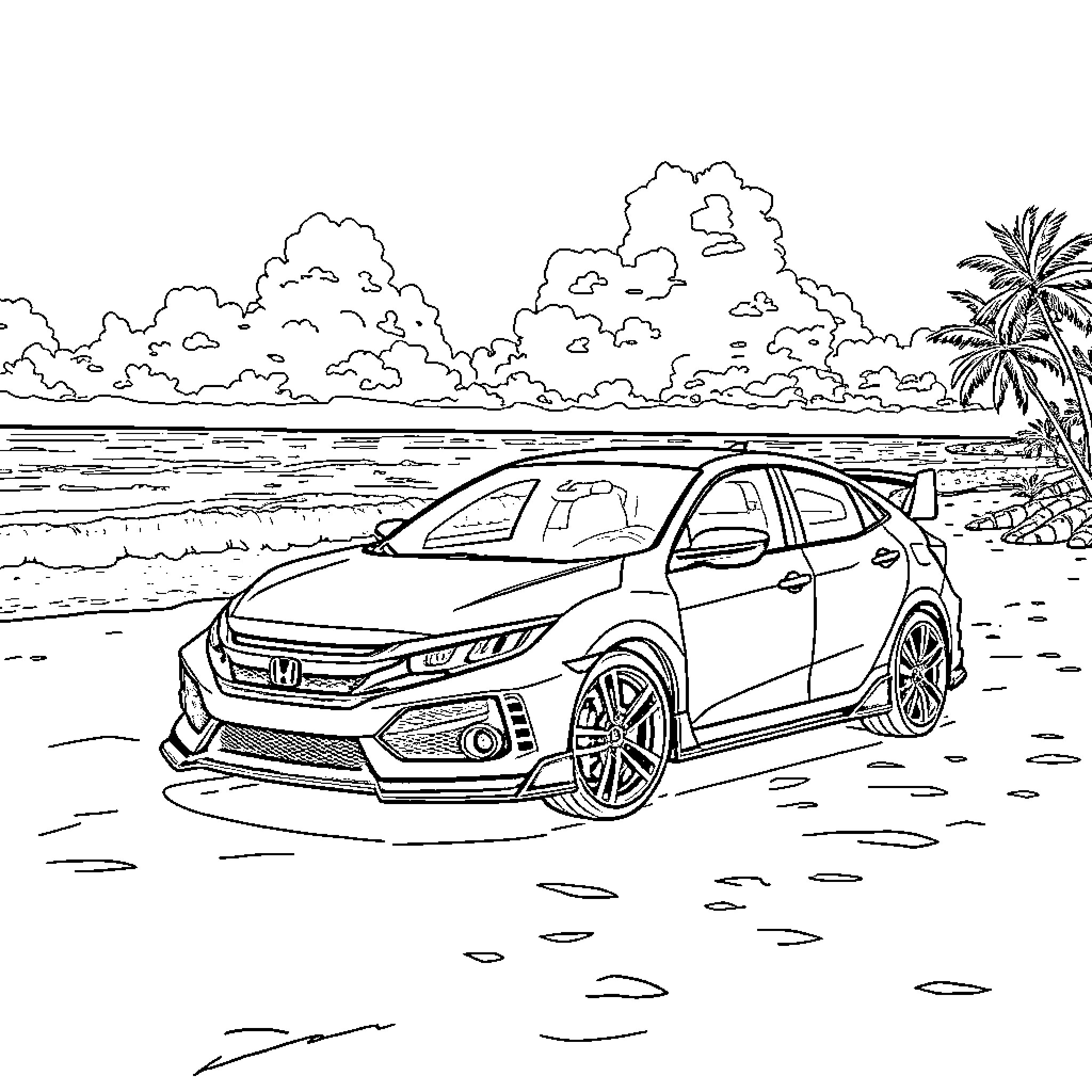 Honda Civic on a tropical beach Coloring Page (free black-and-white line drawing printable PDF for all, from beginners to advanced learners, including children, teens, adults, and seniors)