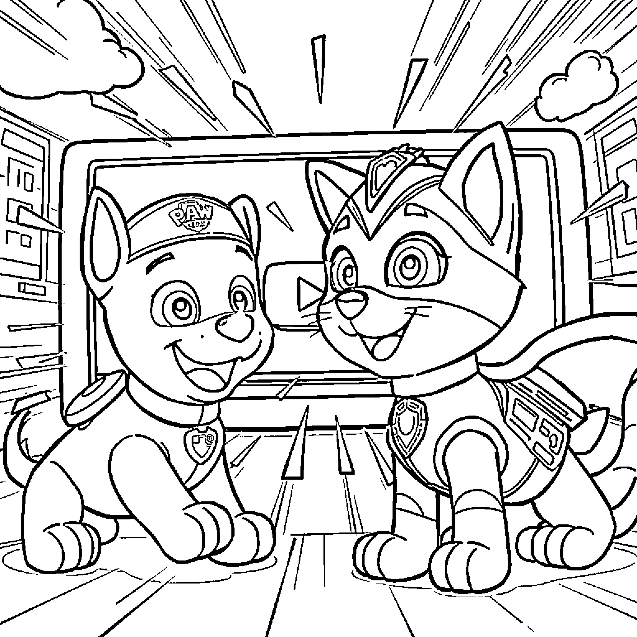 Paw Patrol Puppies in Action Coloring Page (free black-and-white line drawing printable PDF for all, from beginners to advanced learners, including children, teens, adults, and seniors)