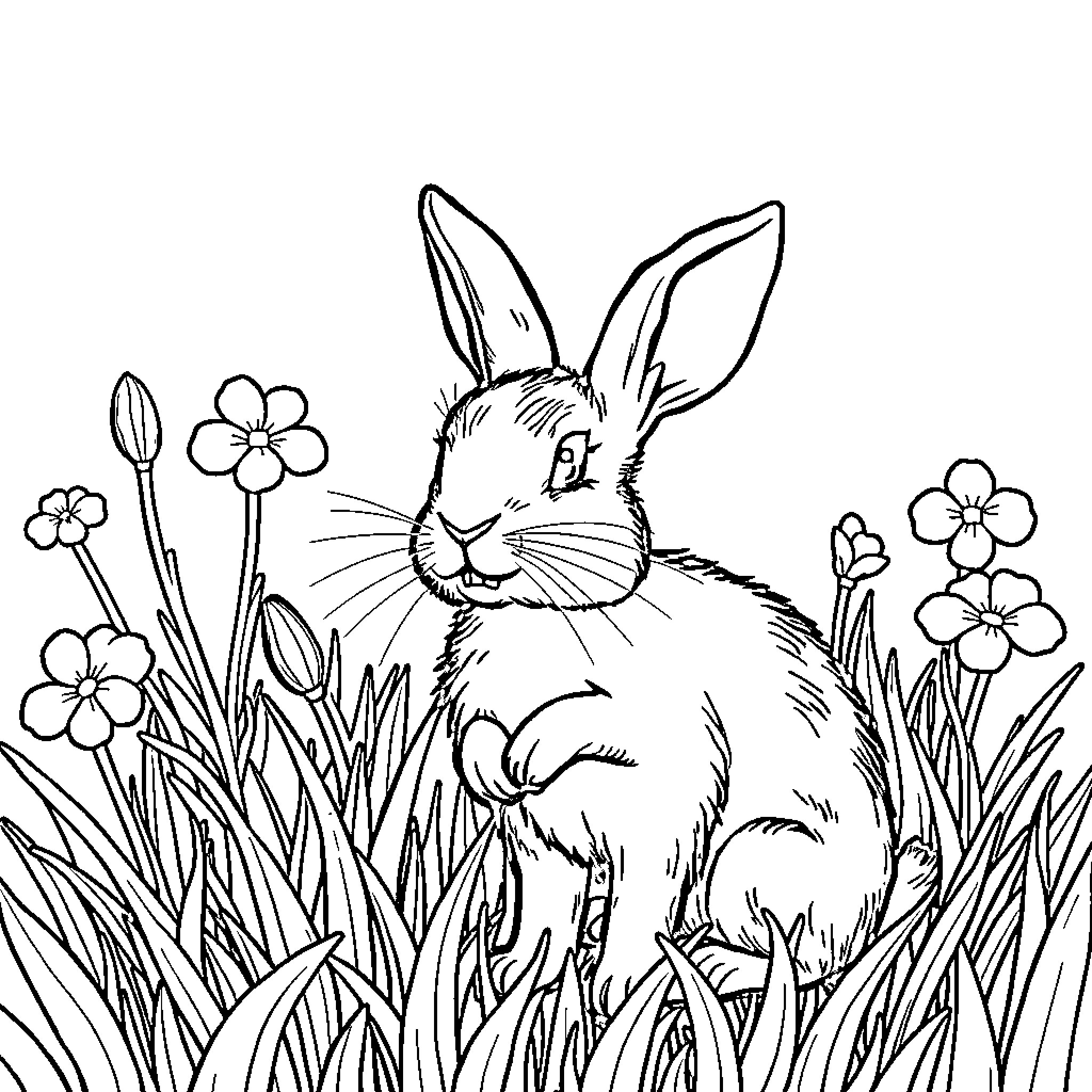 Rabbit exploring a floral garden Coloring Page (free black-and-white line drawing printable PDF for all, from beginners to advanced learners, including children, teens, adults, and seniors)