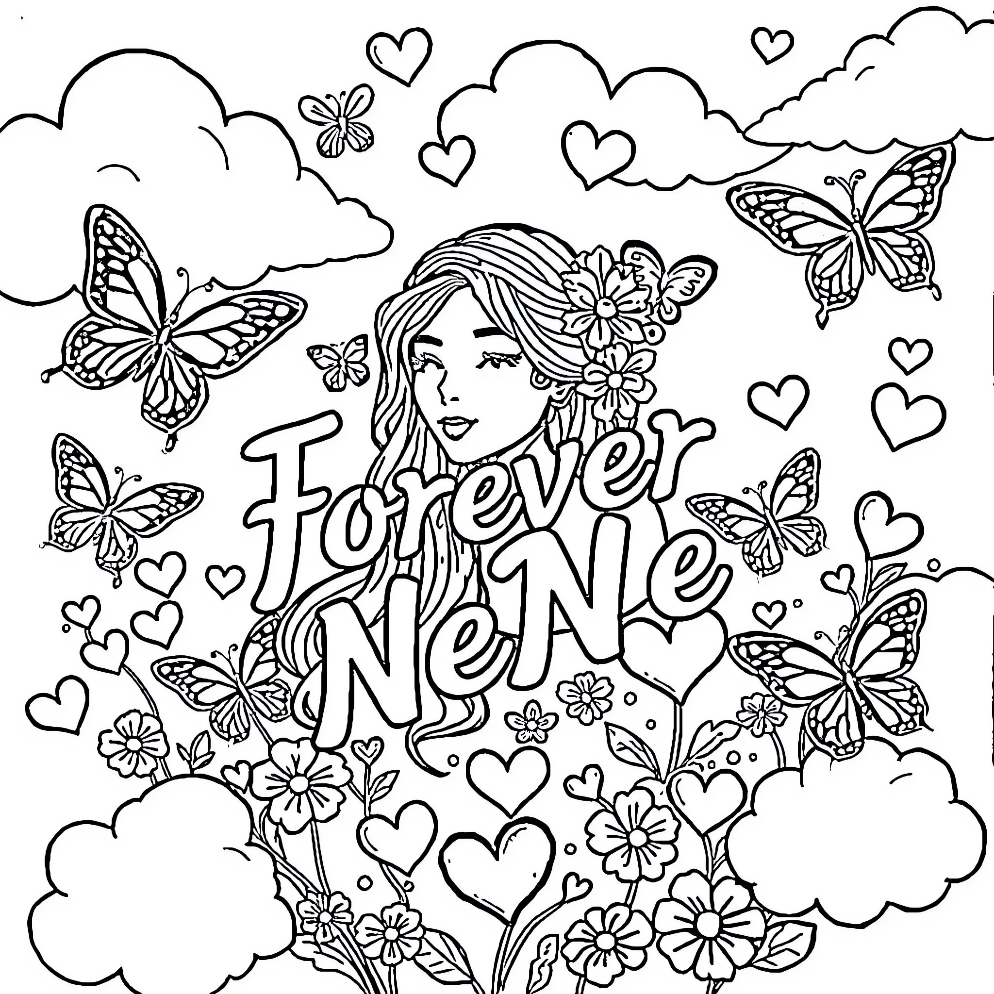 NeNe's Dreamy Floral and Butterfly Adventure Coloring Page (free black-and-white line drawing printable PDF for all, from beginners to advanced learners, including children, teens, adults, and seniors)