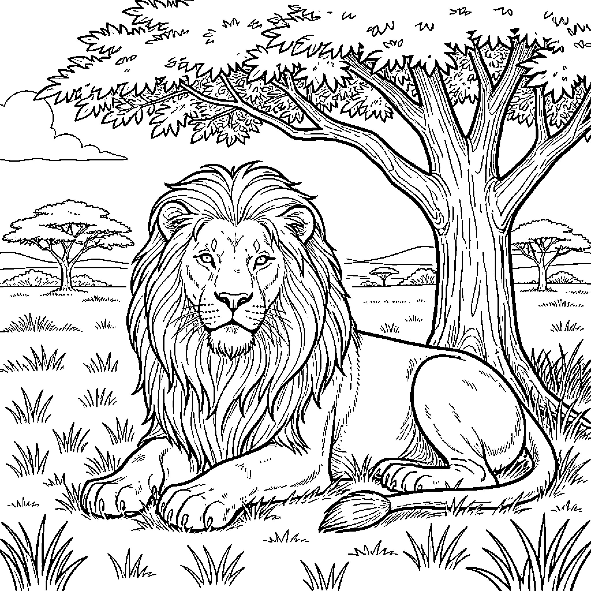 Lion in the wild landscape Coloring Page (free black-and-white line drawing printable PDF for all, from beginners to advanced learners, including children, teens, adults, and seniors)