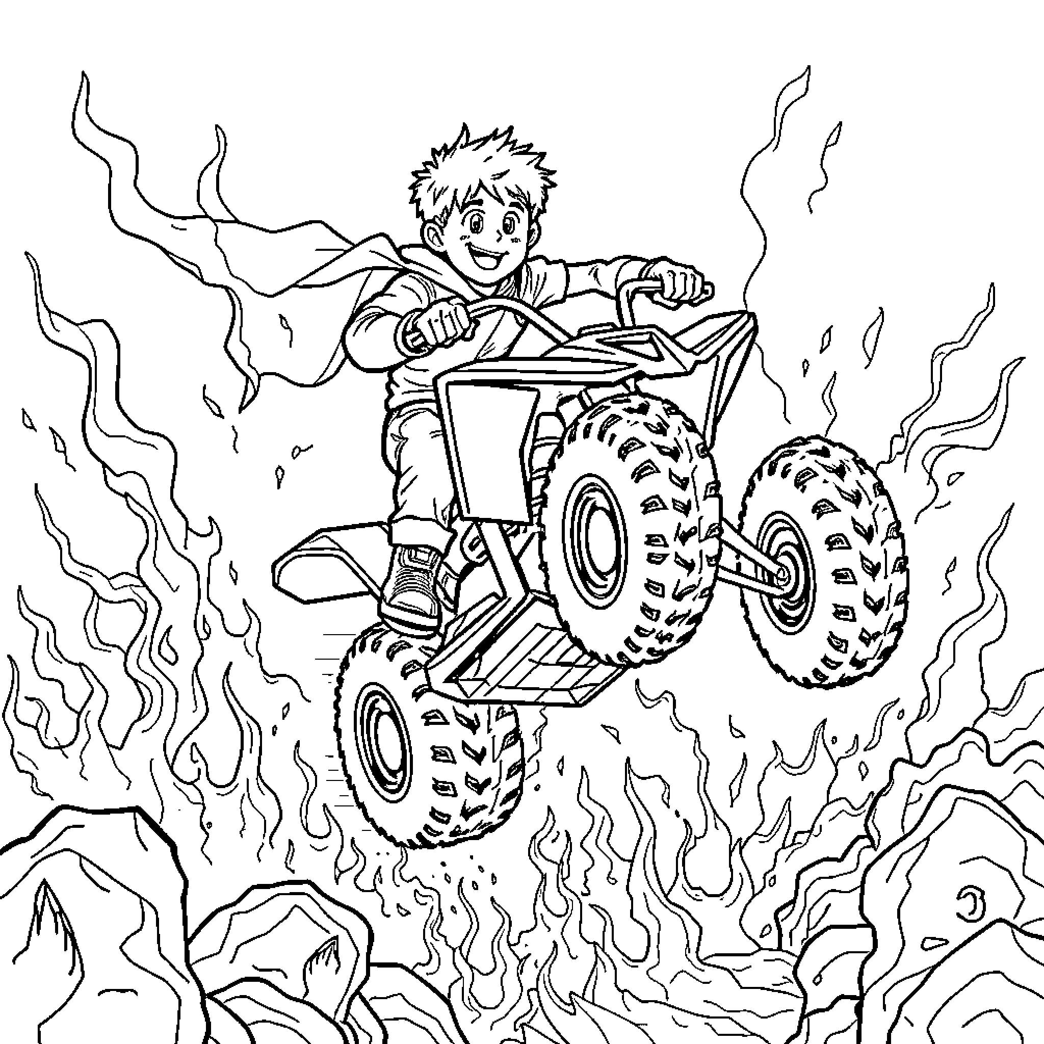 Boy riding an off-road vehicle on a rugged terrain Coloring Page (free black-and-white line drawing printable PDF for all, from beginners to advanced learners, including children, teens, adults, and seniors)