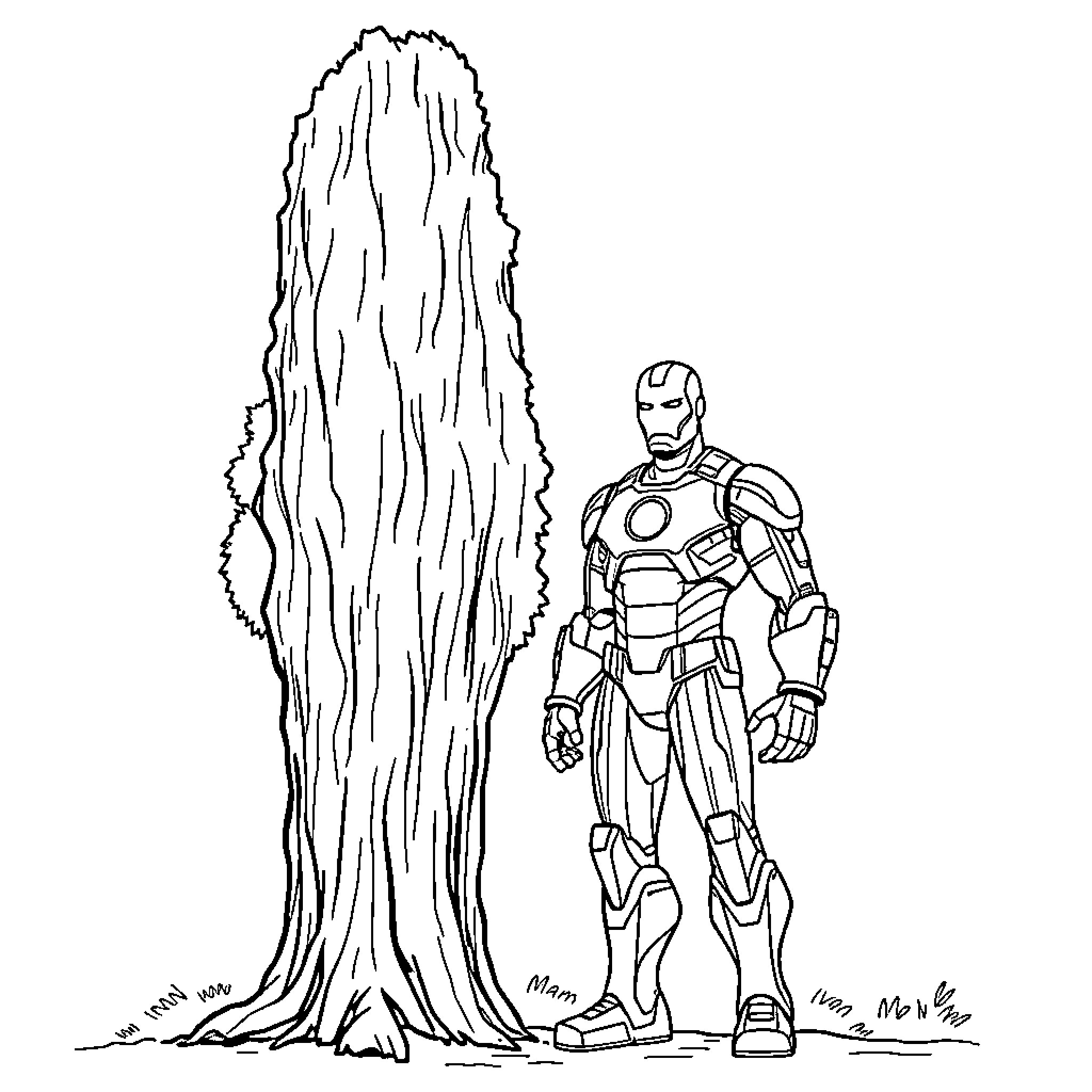 Iron Man standing beside a large rock formation Coloring Page (free black-and-white line drawing printable PDF for all, from beginners to advanced learners, including children, teens, adults, and seniors)
