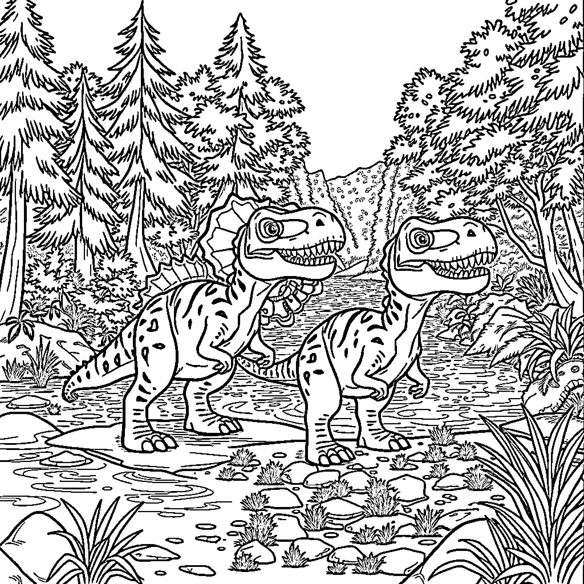 Irritator Dinosaurs Exploring Prehistoric Forest Habitat Coloring Page (free black-and-white line drawing printable PDF for all, from beginners to advanced learners, including children, teens, adults, and seniors)
