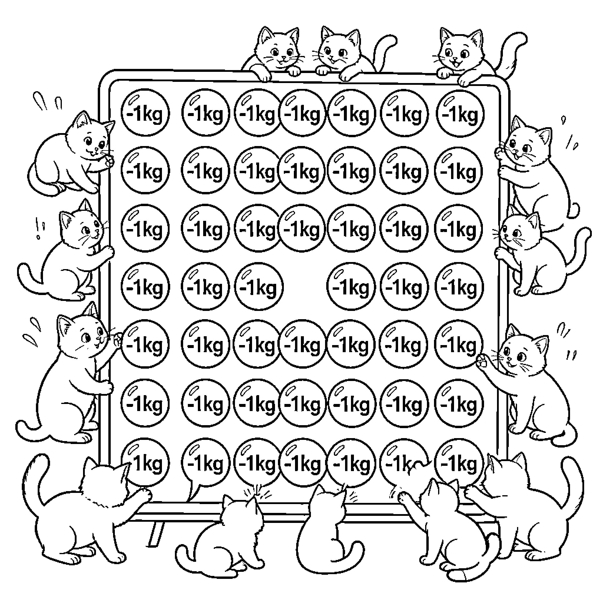 Kittens playing among weight measurement tags Coloring Page (free black-and-white line drawing printable PDF for all, from beginners to advanced learners, including children, teens, adults, and seniors)
